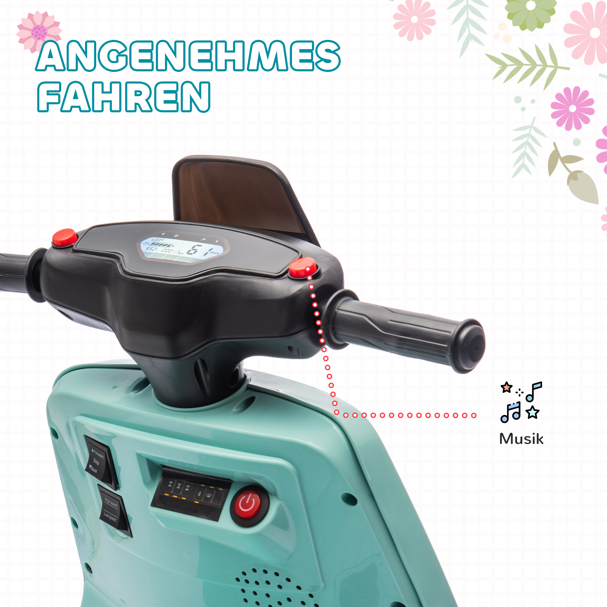 6V Elektro-Motorrad für Kinder, mit Scheinwerfer und Musik, Vor- und Rückwärtsgang, Trainingsräder, 18-36 Monate, Grün