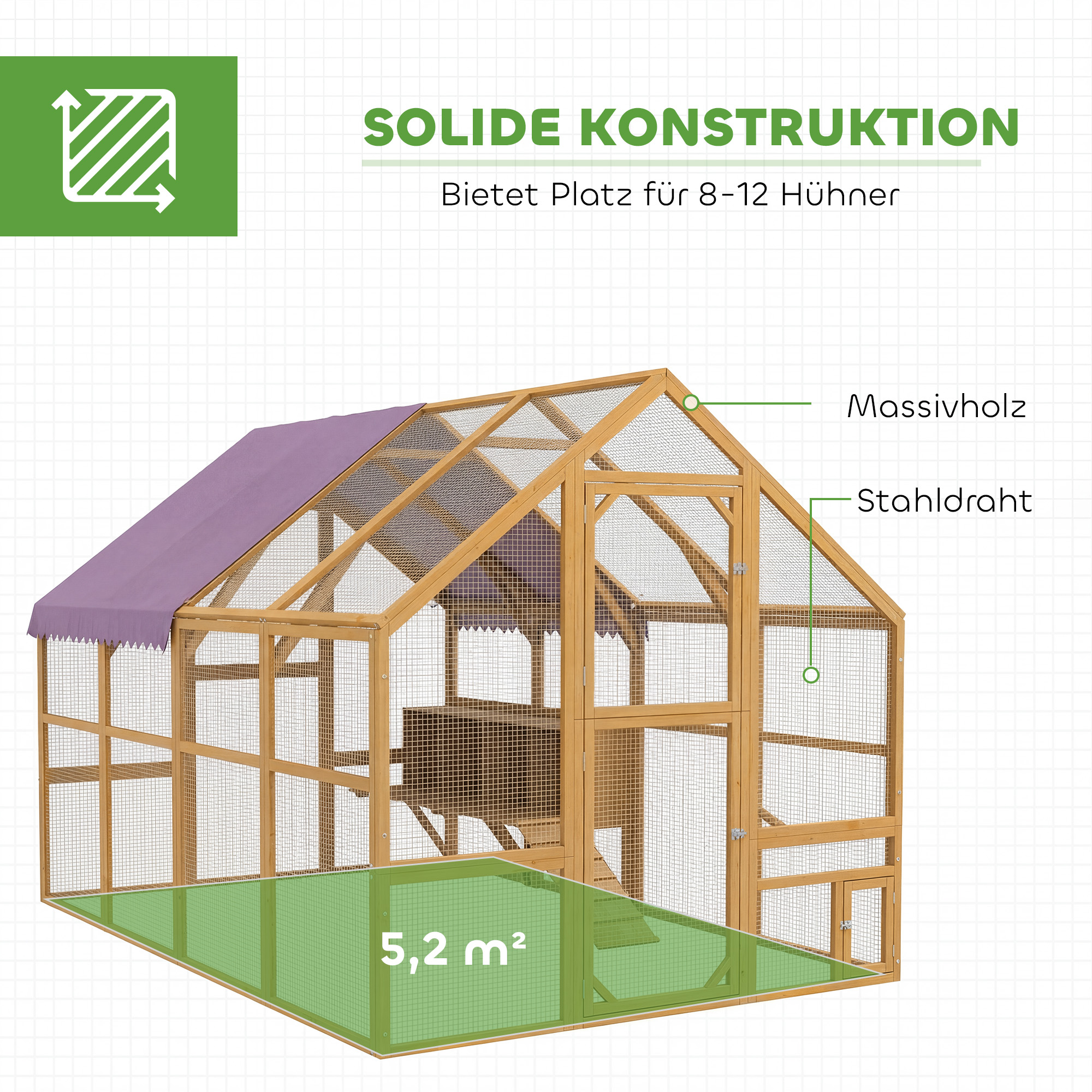 Hühnerstall Holz mit Freilauf, Sicherheitsschloss, Tür, 4 Nistkasten, für 8-12 Hühner, ca. 2,8 x 1,8 x 1,9 m, Gelb