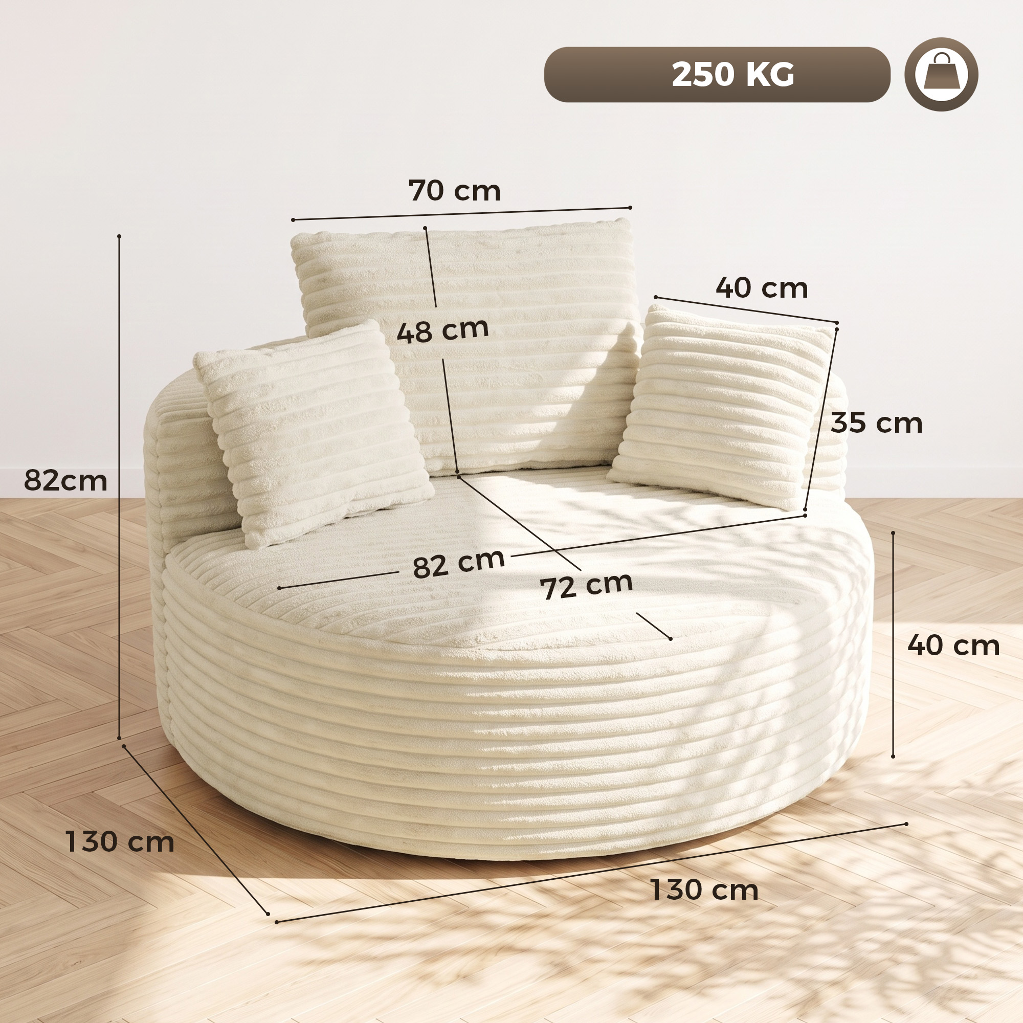 Sessel mit tiefer Sitzfläche, Einzelsofa ohne festen Rahmen, Vollschaum-Design, 4 Kissen, Cremeweiß