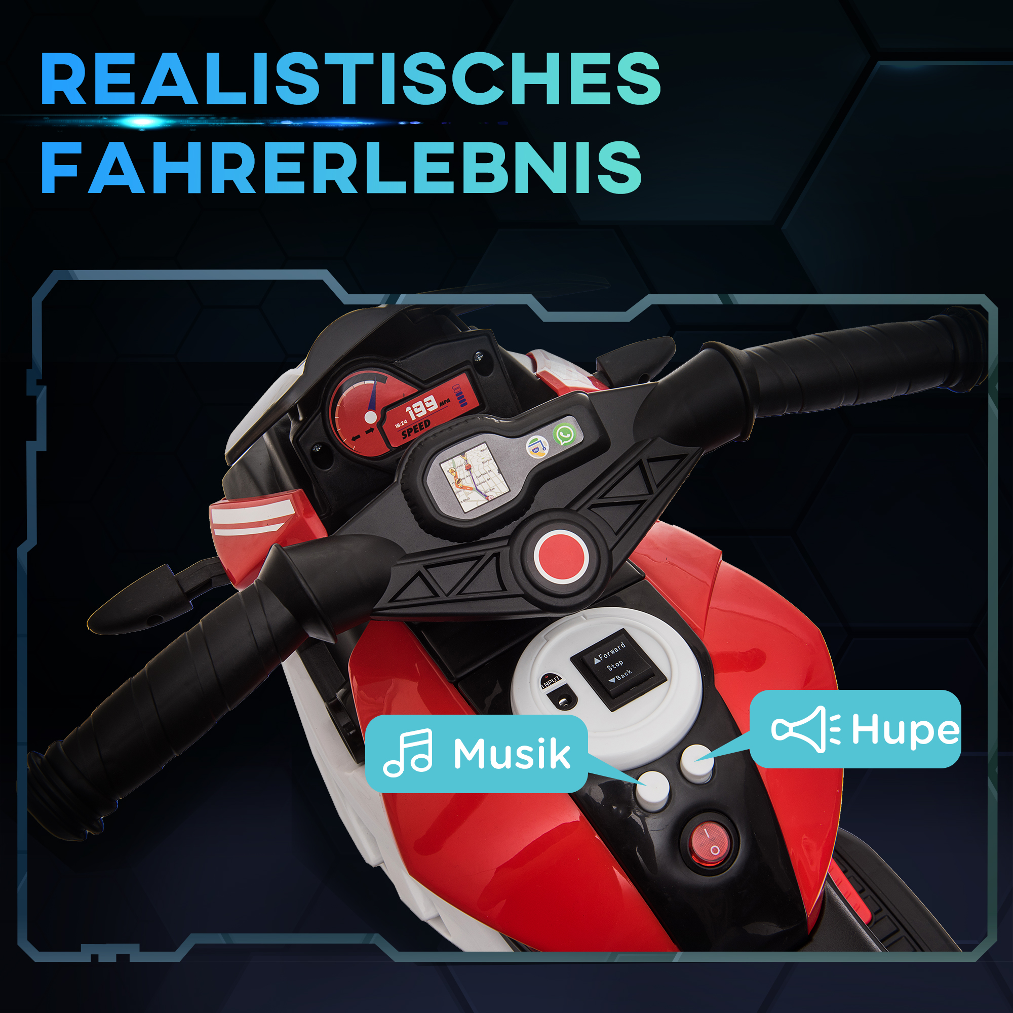 Elektro-Kindermotorrad, Lichter & Geräusche, 3 km/h, wiederaufladbar, Kunststoff & Metall, Schwarz/Rot