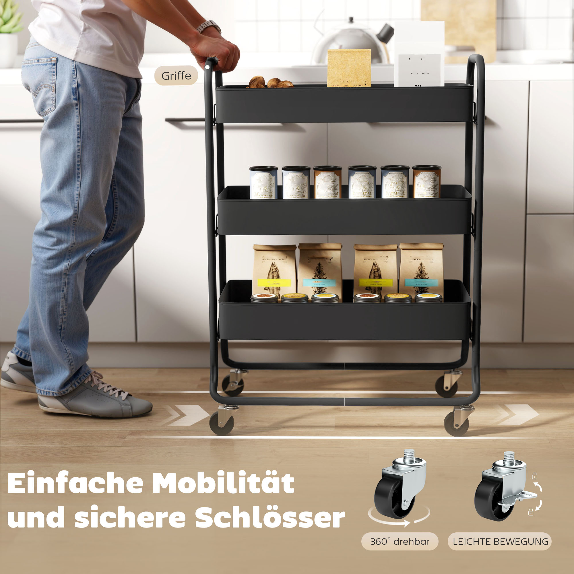 Küchenwagen, 3 Körbe, 4 Rollen, Metall, Schwarz