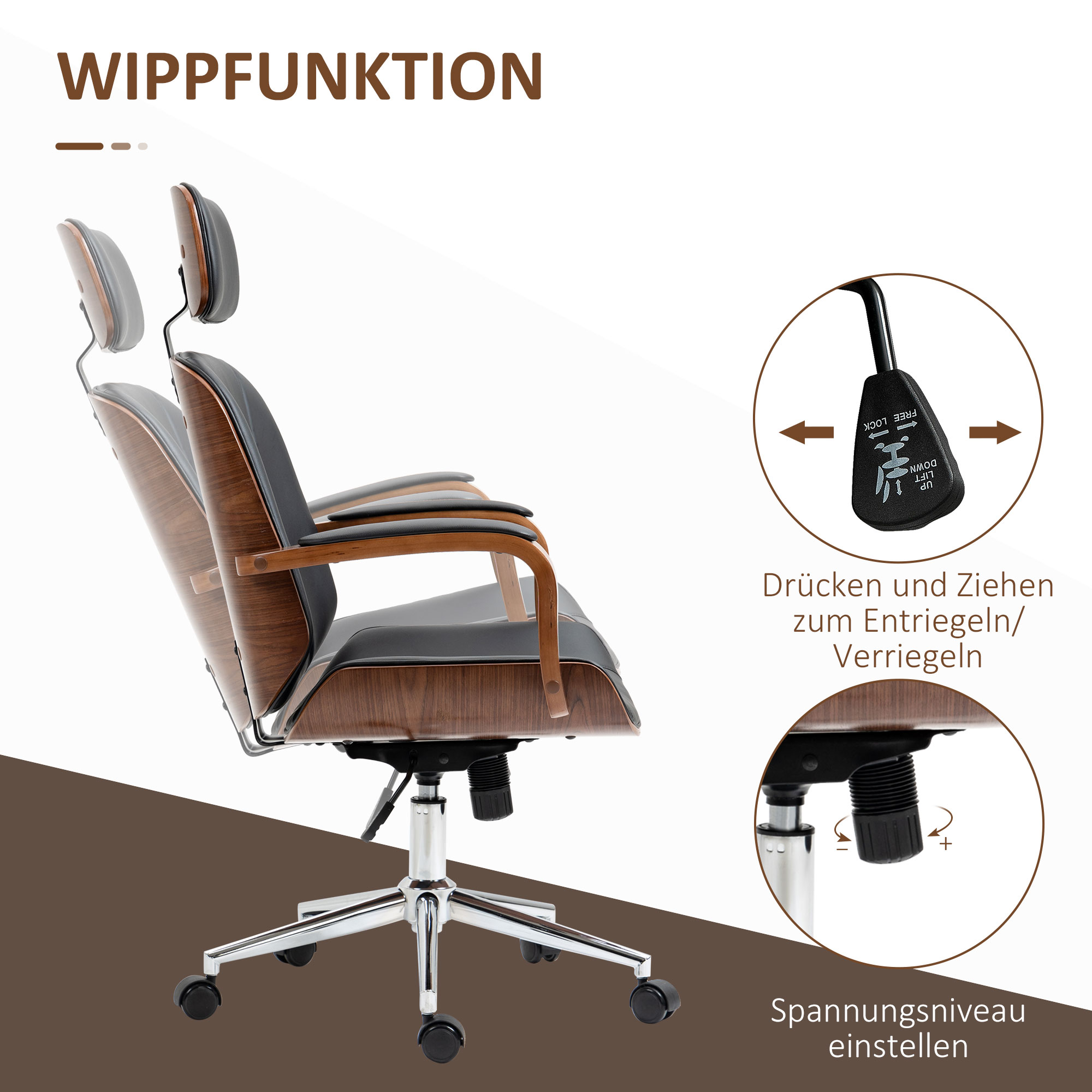 Bürostuhl Ergonomischer Schreibtischstuhl mit Hoher Rückenlehne, Abnehmbarer Kopfstütze für Home-Office Schwarz