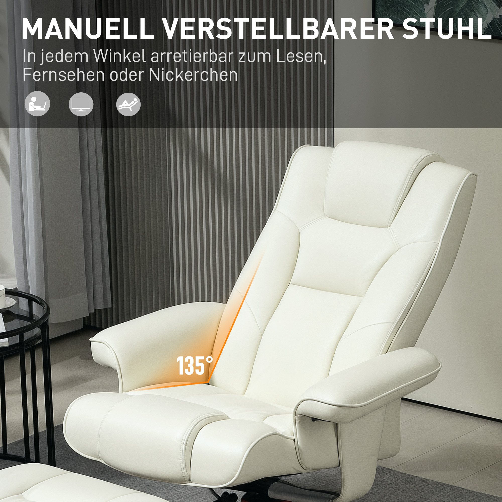 Relaxsessel mit Hocker, Lederoptik, neigbare Lehne, bis 150 kg, Cremeweiß