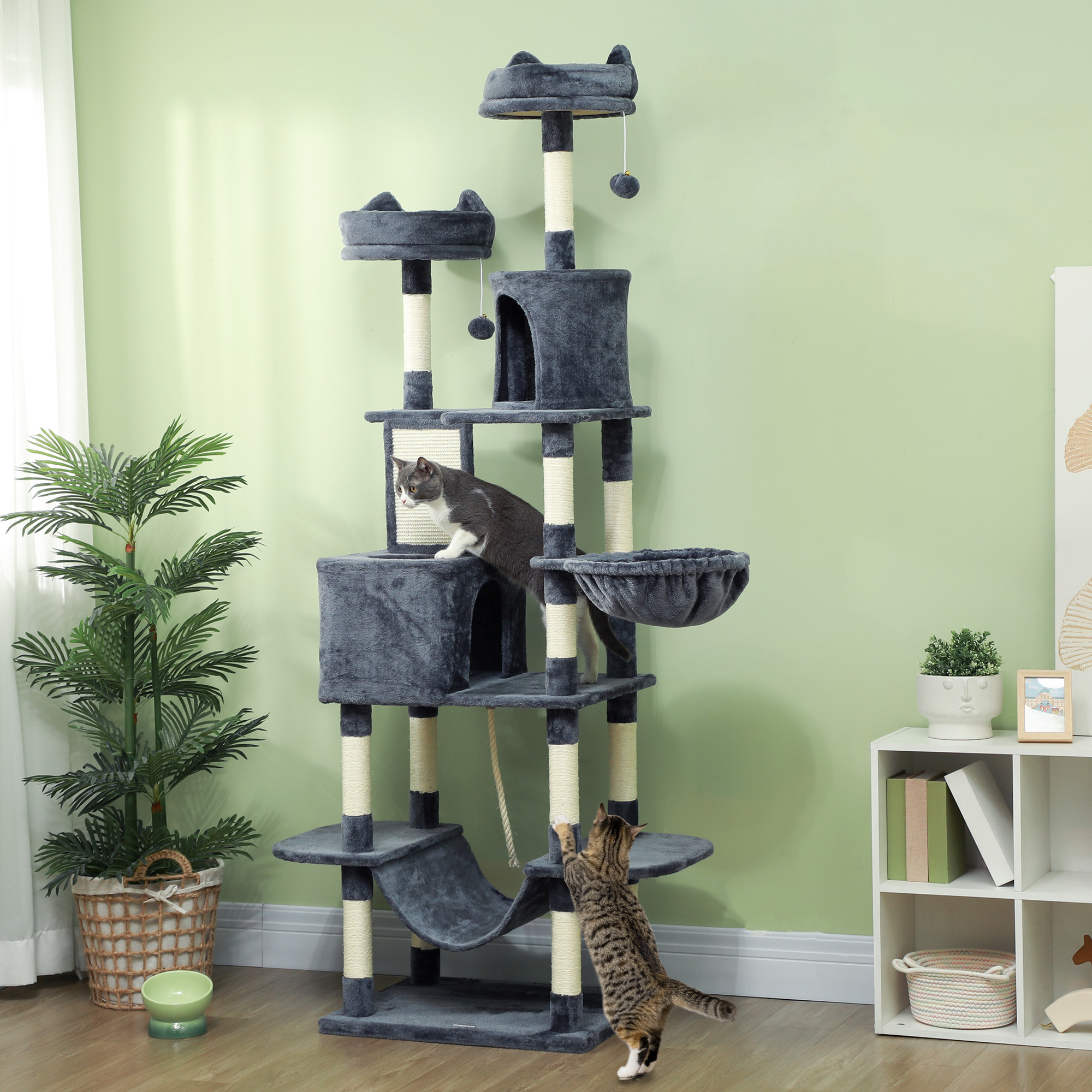 Kratzbaum 206 cm Katzenturm mit Höhle, 2 Spielballen, Sisalstämme, Plattform für große Katzen, Dunkelgrau