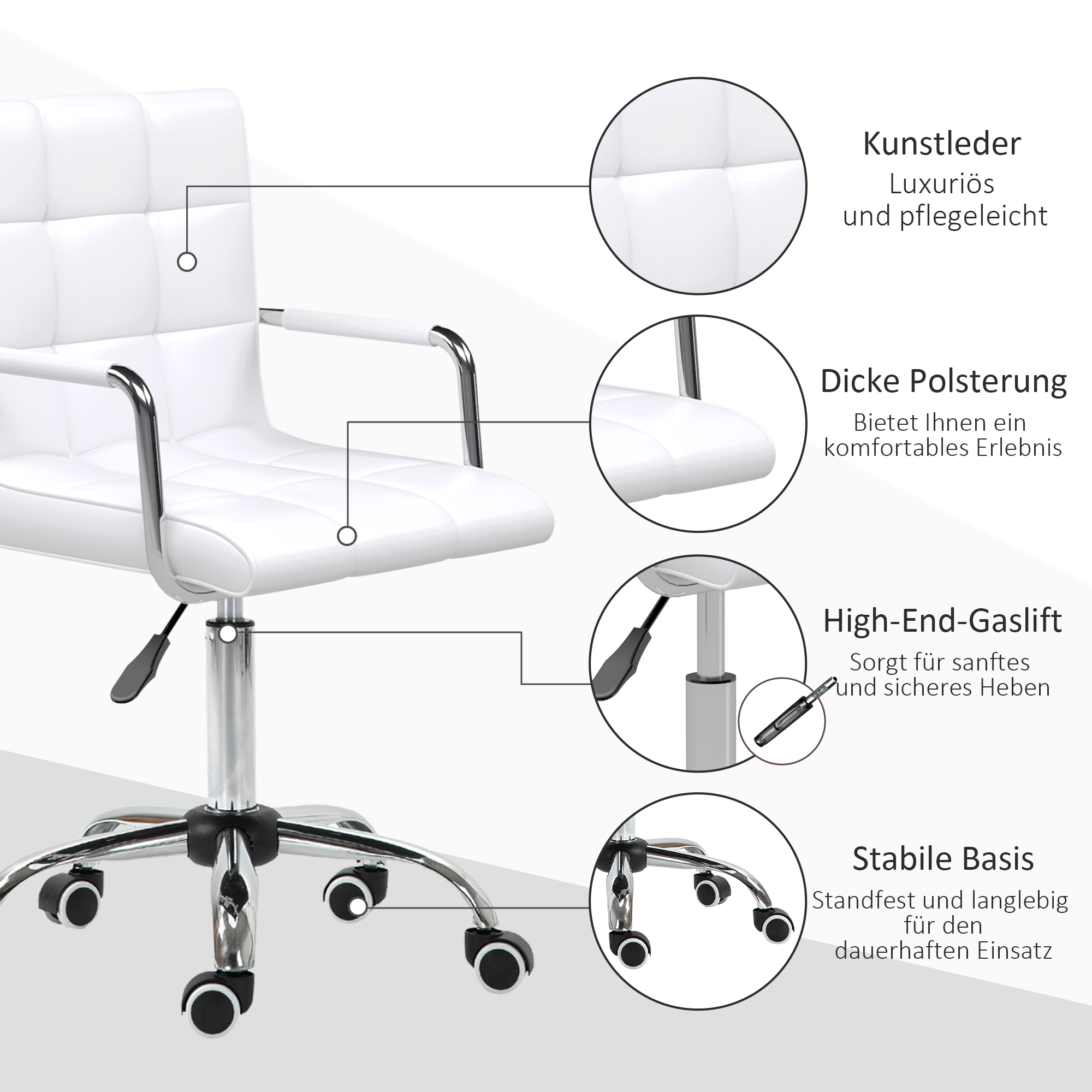 Bürostuhl im Retrodesign, höhenverstellbar, 5 Rollen, 52,5 cm x 54 cm x 99 cm, Weiß