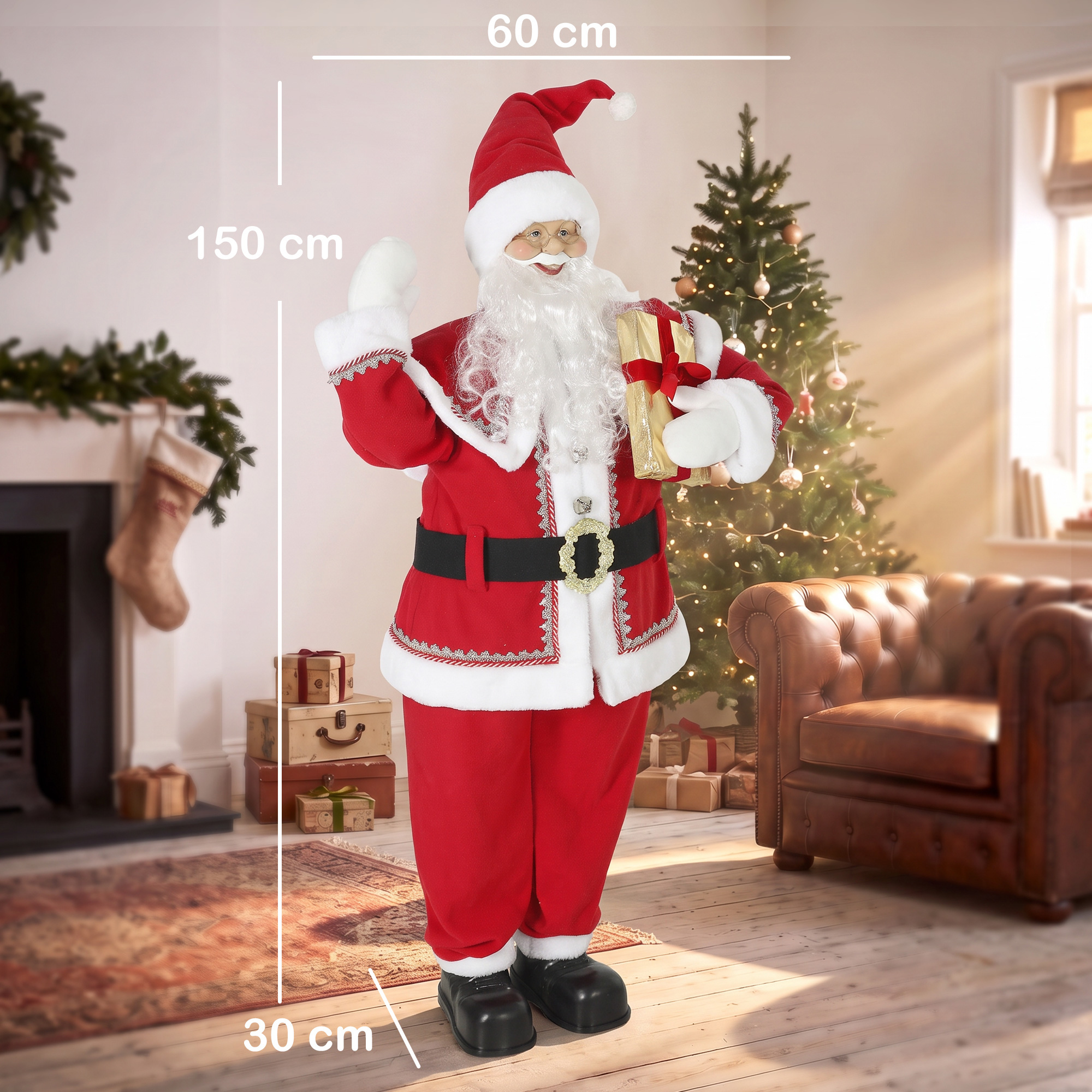 Lebensgroßer singender Weihnachtsmann 150 cm, animierte Musikfigur mit drehendem Kopf, winkender Hand und Geschenk