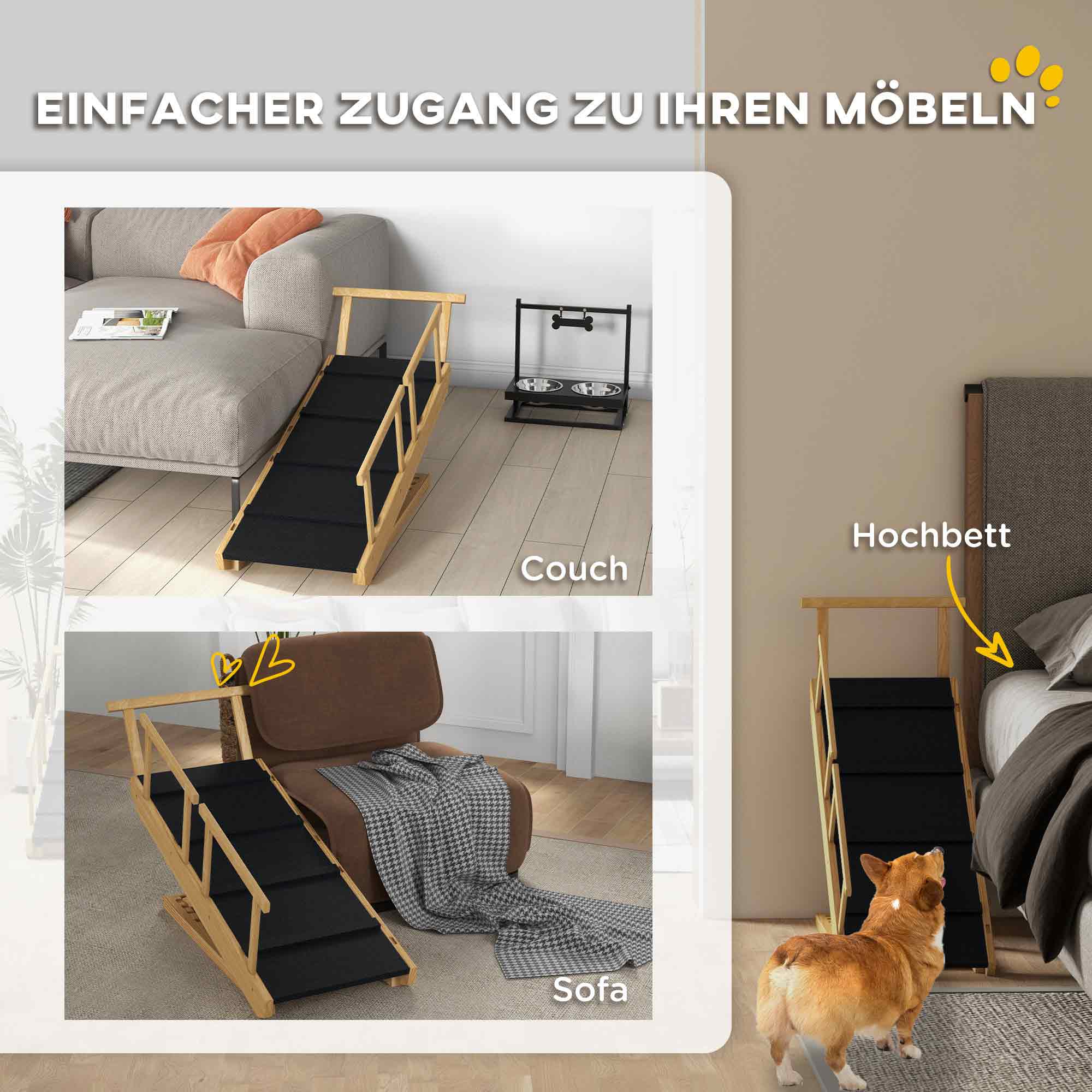 Hunderampe, höhenverstellbar, klappbar, Geländer, für Hunde bis 40kg, Holzrahmen, 85 x 40 x 61 cm, Schwarz