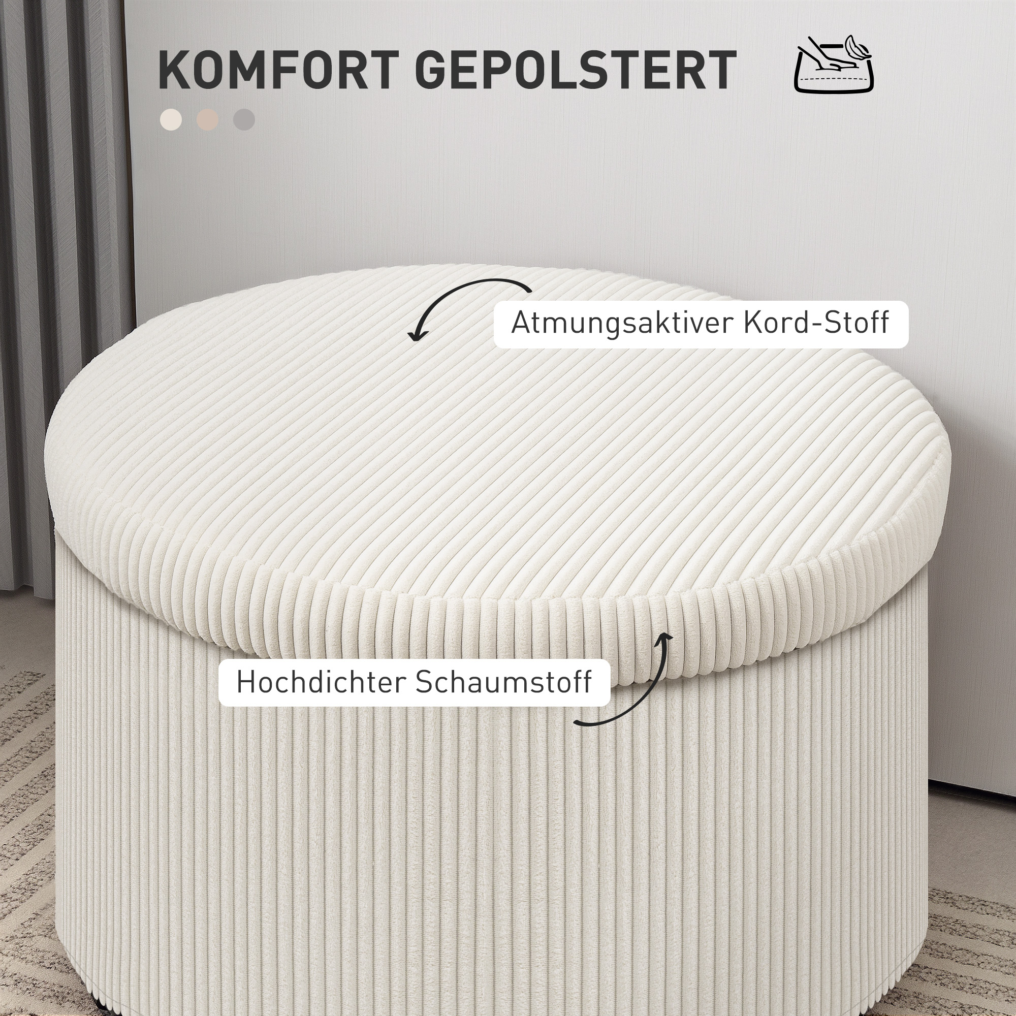 Fußhocker mit 97 L Stauraum, Cordstoff, Schaumstoff, Sitzhocker, Beige