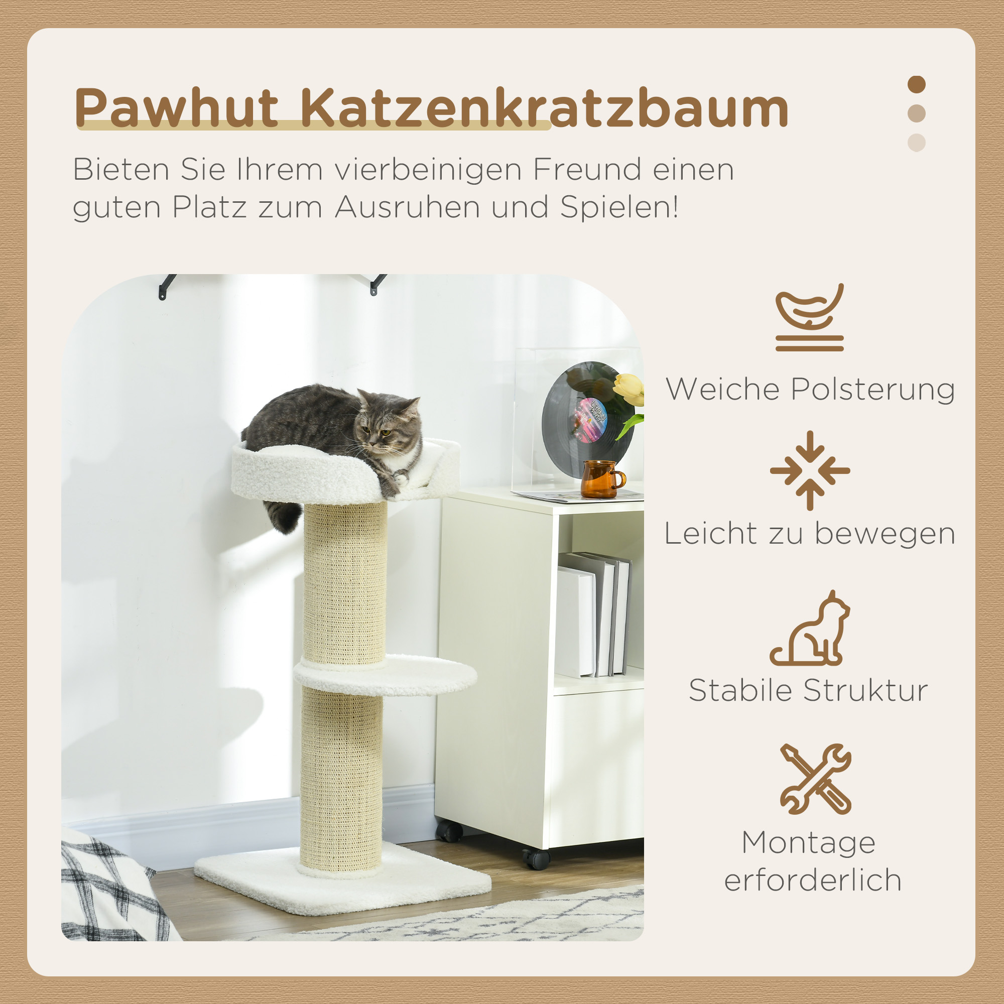 Katzenbaum  91cm Spielbaum mit Katzenbett, Plattform Lammwolle Creme