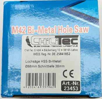 Lochsäge HSS Bi-Metall Ø68mm, Sechskant Aufnahme, Schnitttiefe 38mm