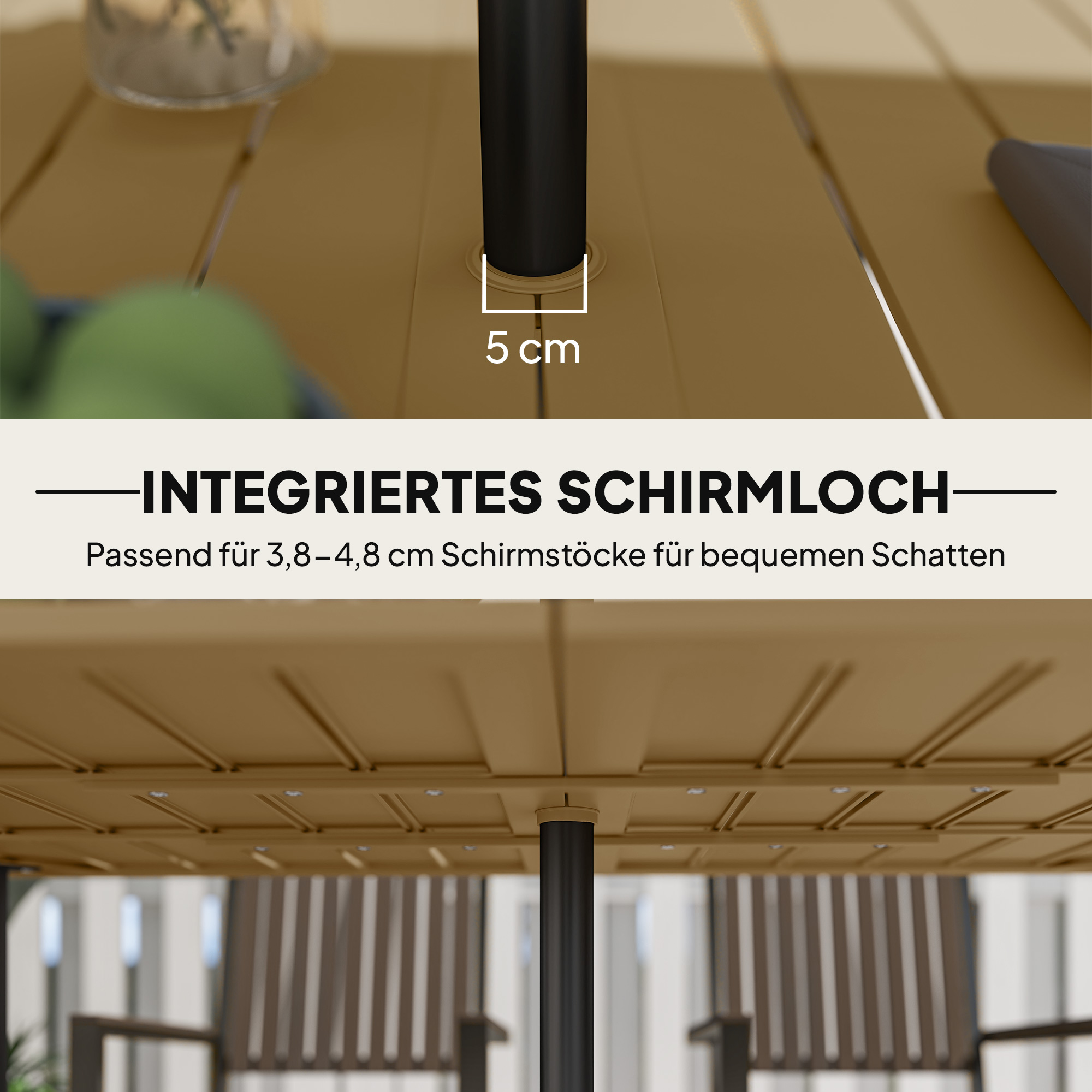 Gartentisch 150x90cm, Wetterfest Balkontisch aus Stahl, Balkontisch mit Schirmloch Braun