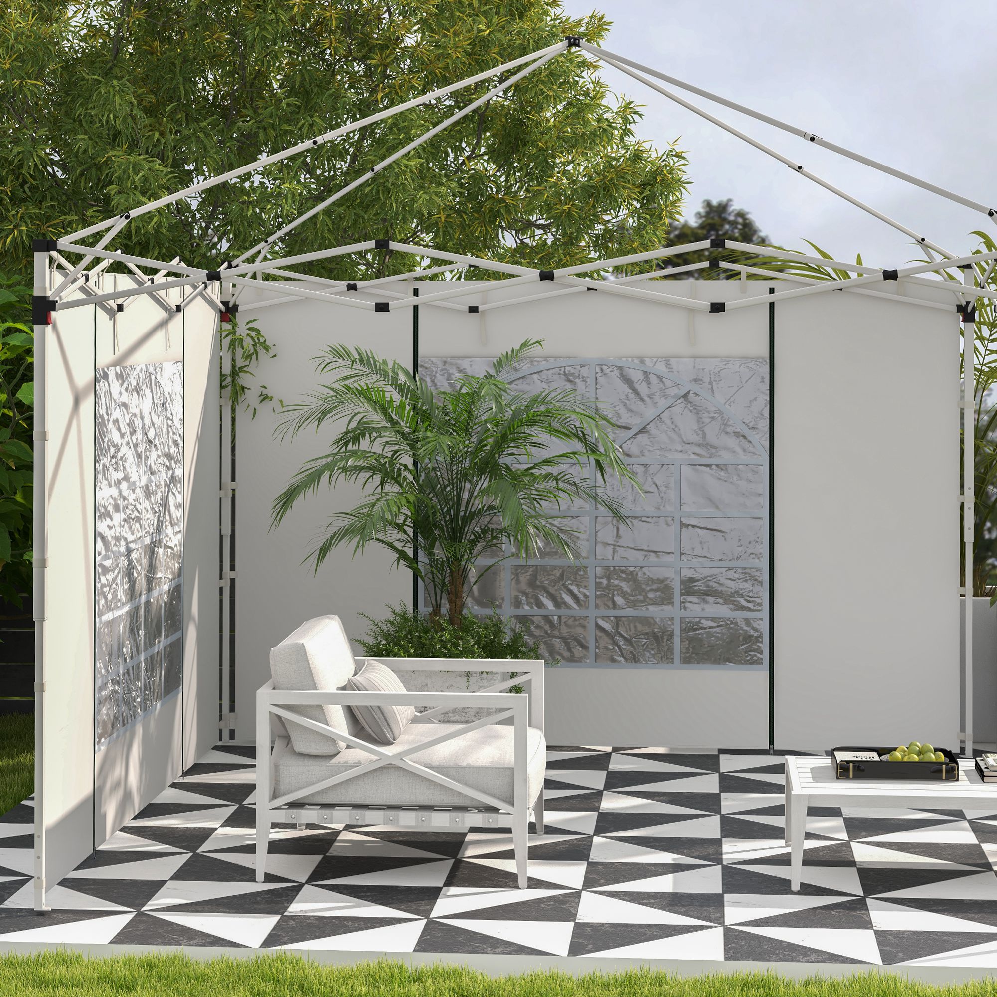 Pavillon-Vorhänge, 2er-Set, für 3x6m oder 3x3m Gartenpavillons, mit Fenstern und Türen, Weiß