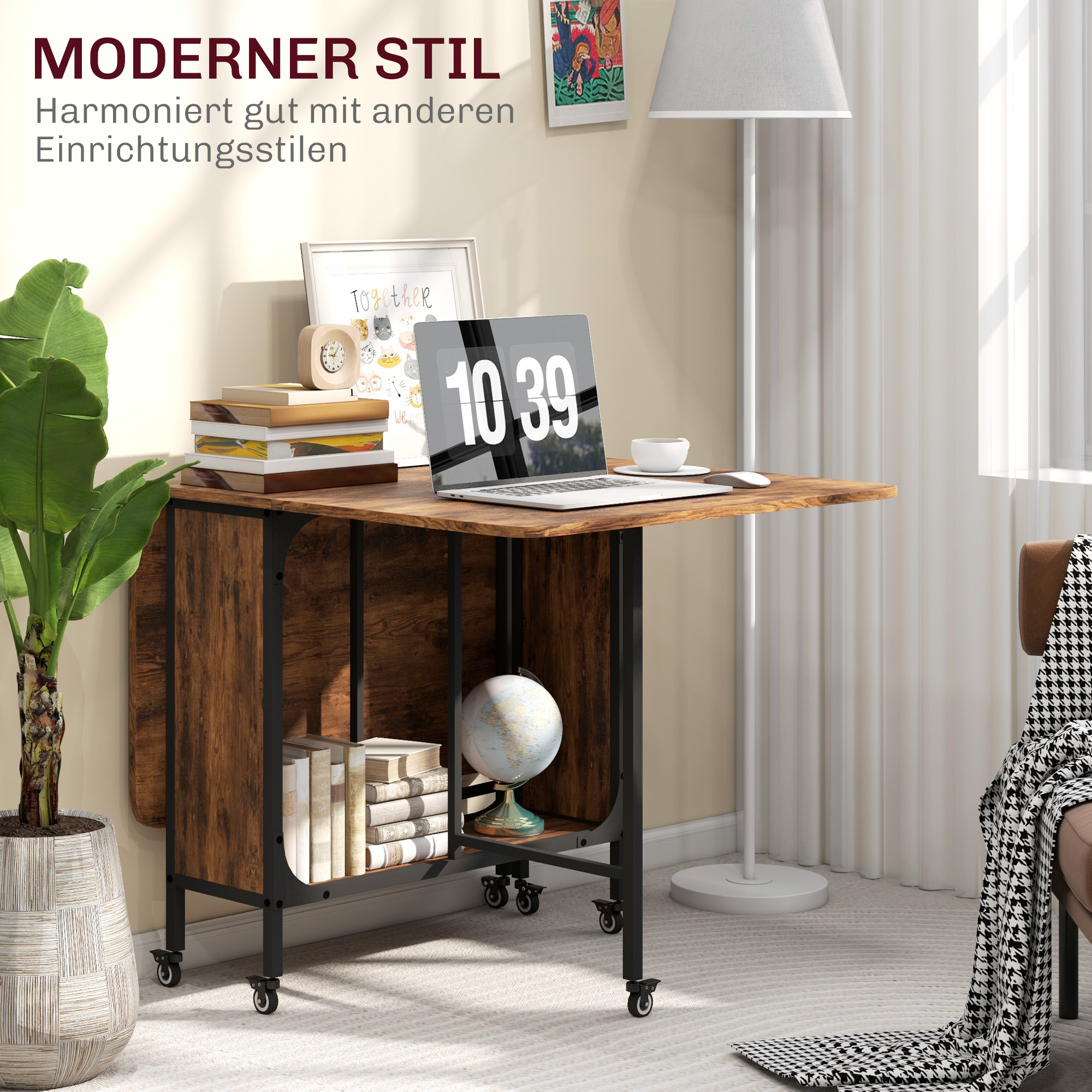 klappbarer Esstisch, Mobiler Klapptisch für 6 Personen, mit Ablage, bis 50 kg belastbar, 130 x 80 x 74 cm, Rotbraun