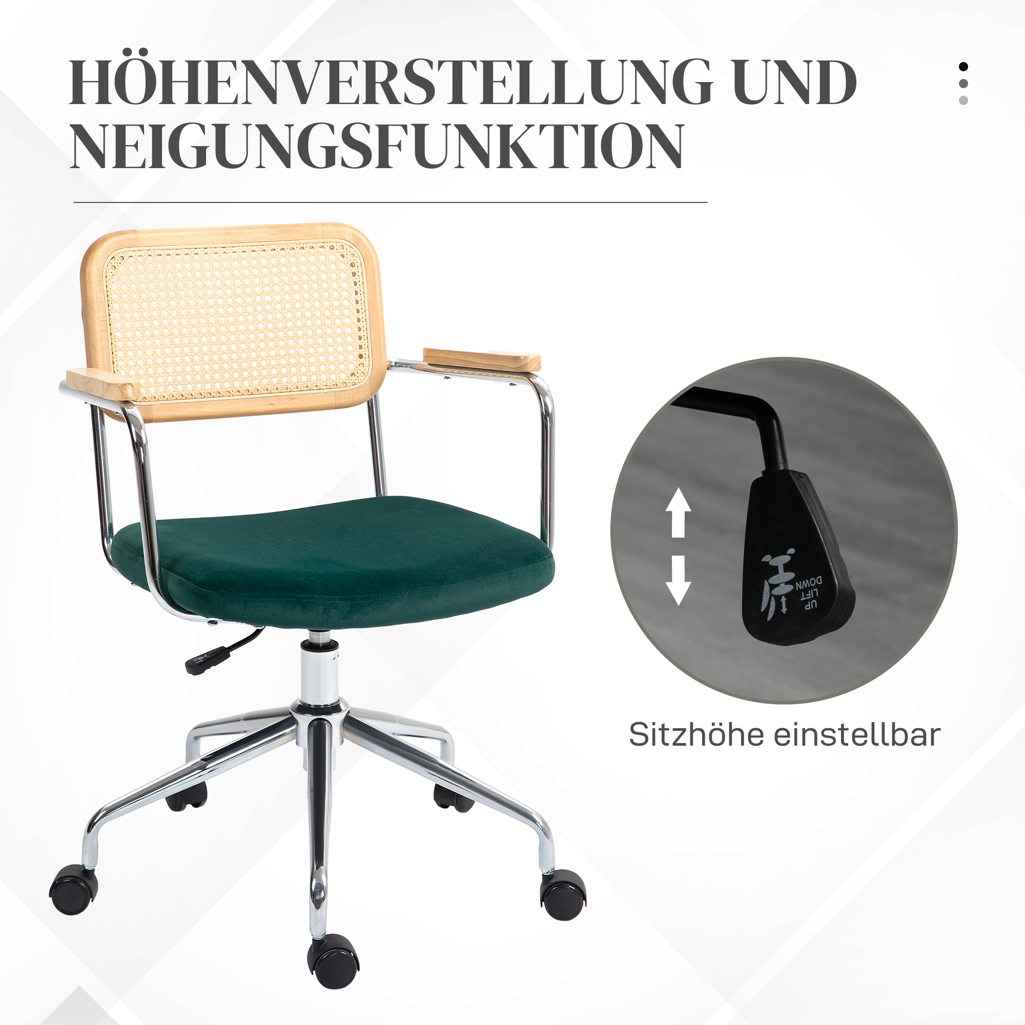 Bürostuhl, Boho-Design, Holzarmlehnen, drehbar, verstellbar, bis 120 kg, Stahl, Grün