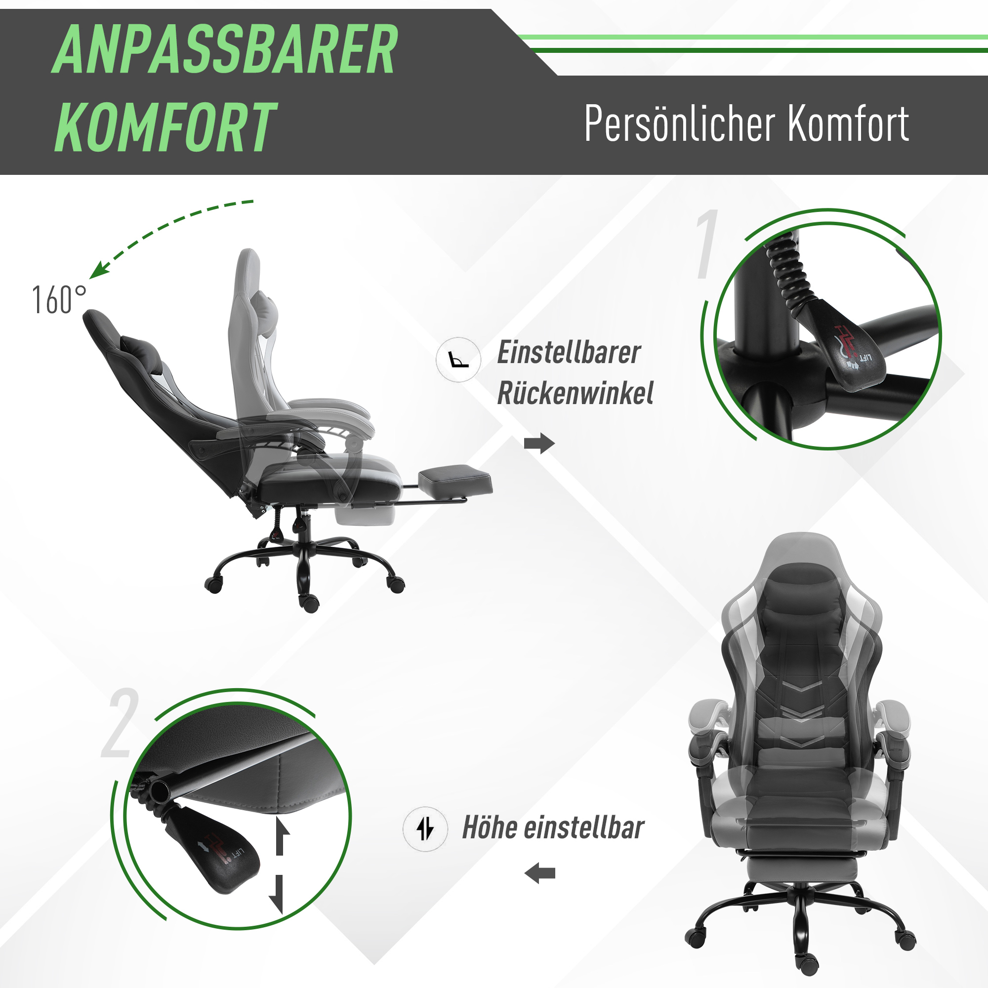 ergonomischer Gaming Stuhl Bürostuhl Schreibtischstuhl, Drehstuhl Höhenverstellbar, Verstellbares Lendenkissen mit Fußstützen Schwarz 62x52x128 cm