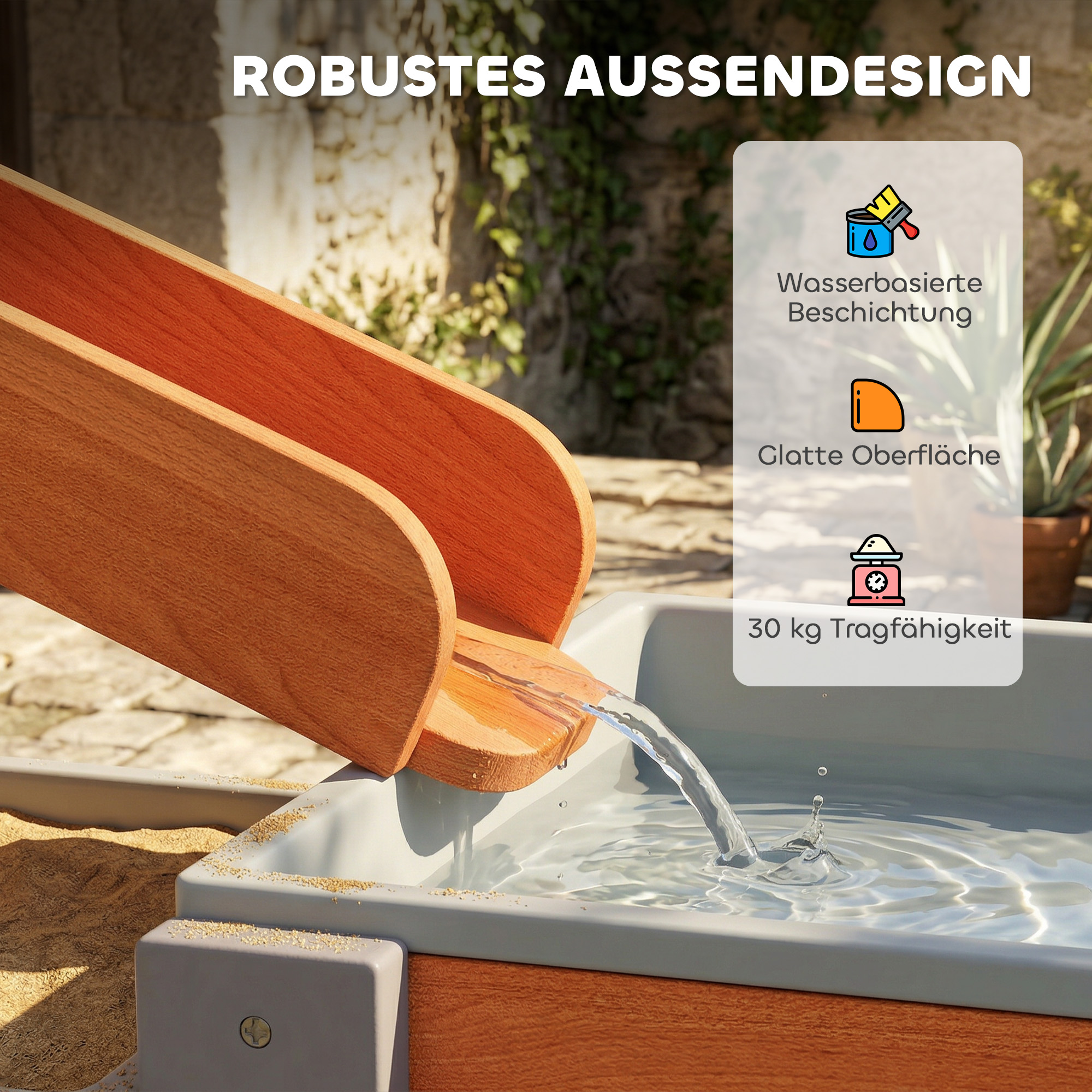 Sand Wasserspieltisch, Holz Wassertisch, Matschtisch mit Wasserbahn, 2 Becken Sandkastentisch für 3-8 Jahre Kinder Grau