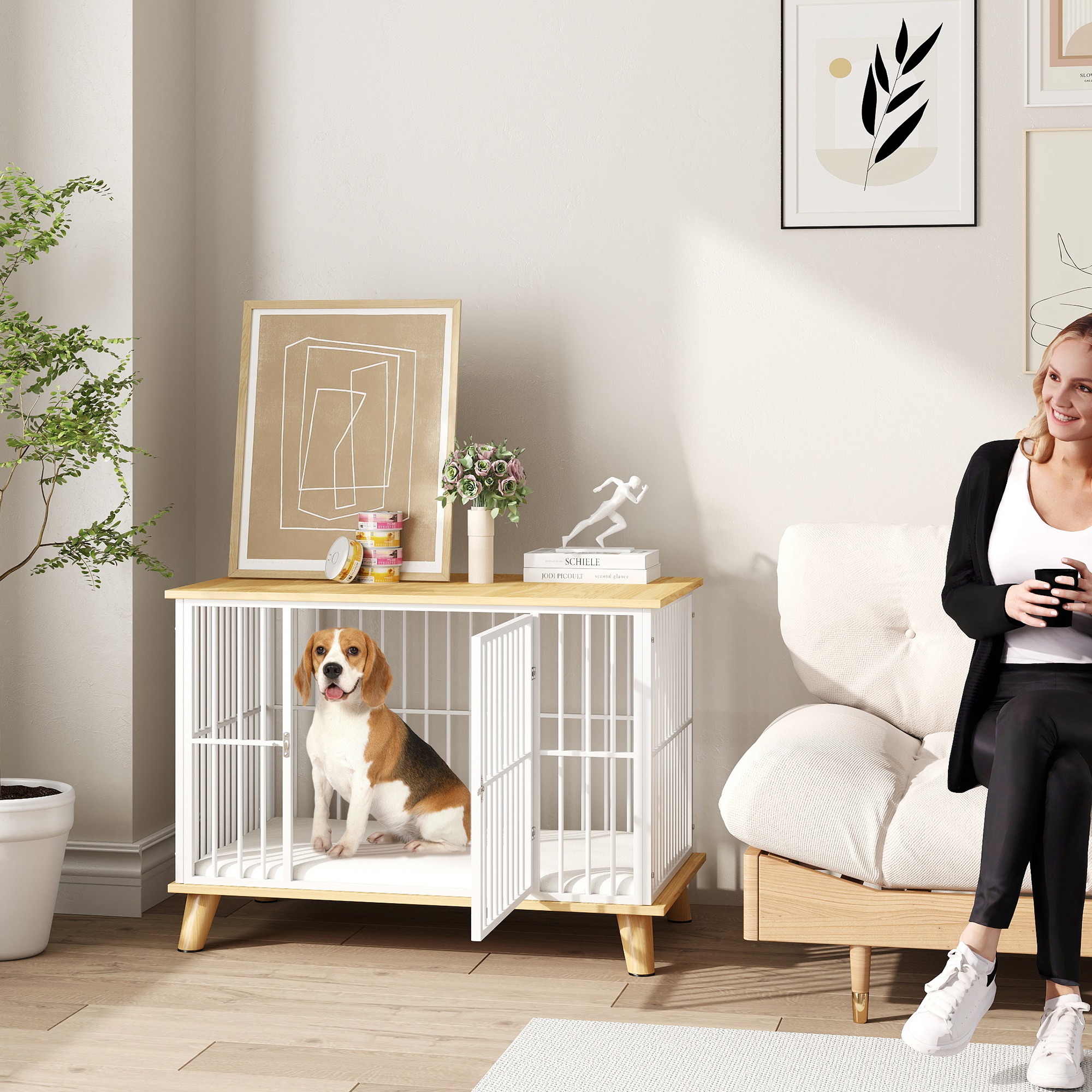 Hundebox mit Verriegelungstür, abnehmbares Kissen, gute Belüftung, Stahl, 86x60x70 cm, Weiß+Grau