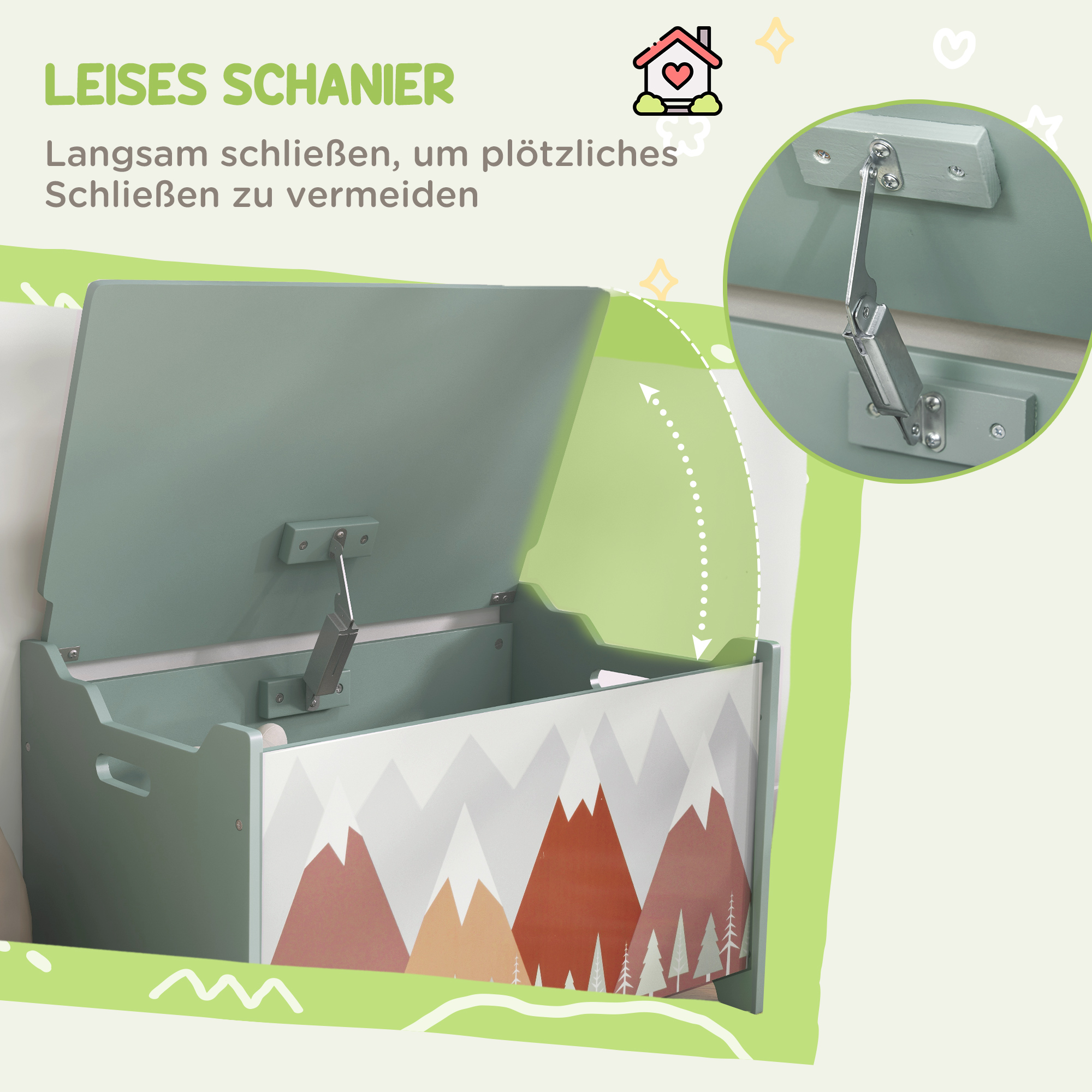 Aufbewahrungskiste, Spielzeugtruhe, Klappdeckel, niedliches Motiv, Grün