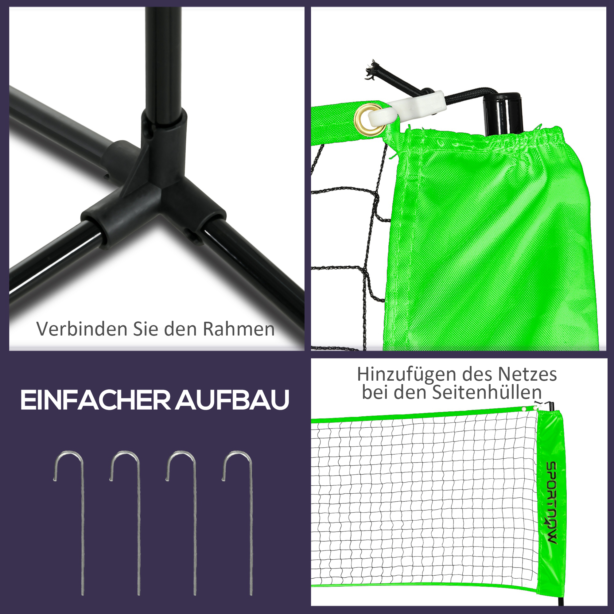 Badminton-Set mit 2 Schlägern, 3 Federbällen, höhenverstellbar 107-155 cm, Schwarz-Grün