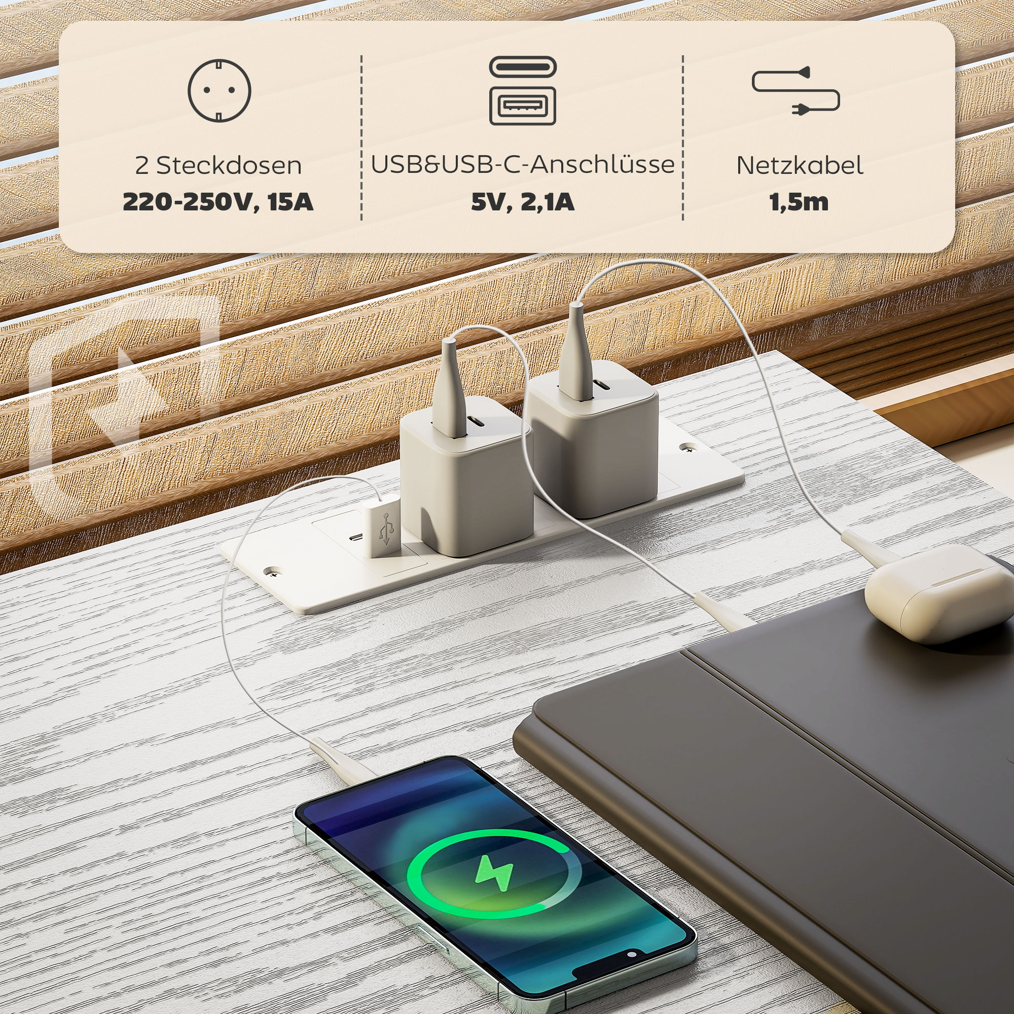 Schreibtisch Küchentisch mit 2 USB-Ladeanschlüssen 2 Steckdosen verstellbare Regale 3 Stoffschubladen 120x40x76 cm Weiß