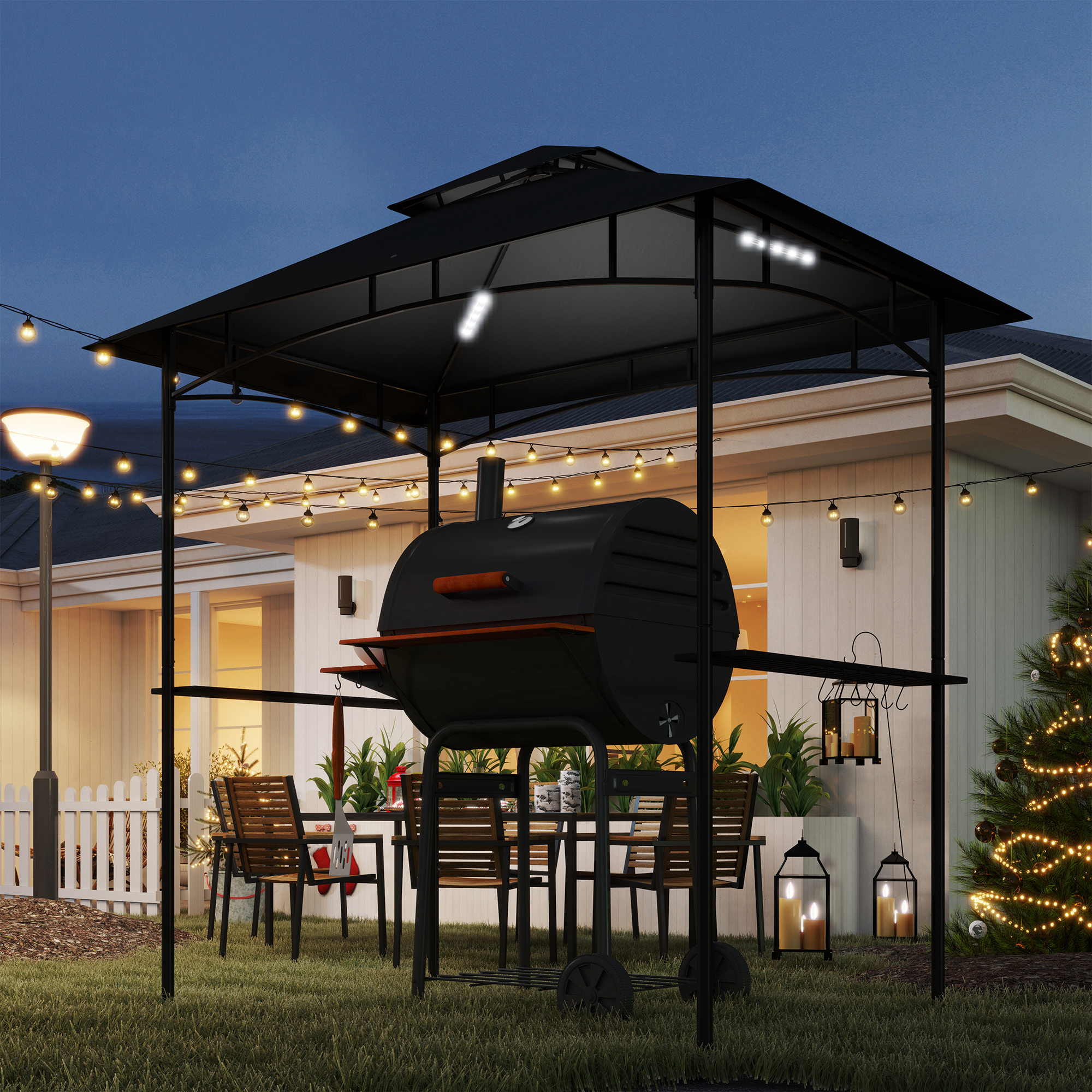 Grillpavillon mit LED 240 x 150 x 258 cm wasserabweisend flammhemmend Gartenpavillon mit Doppelschichtdach