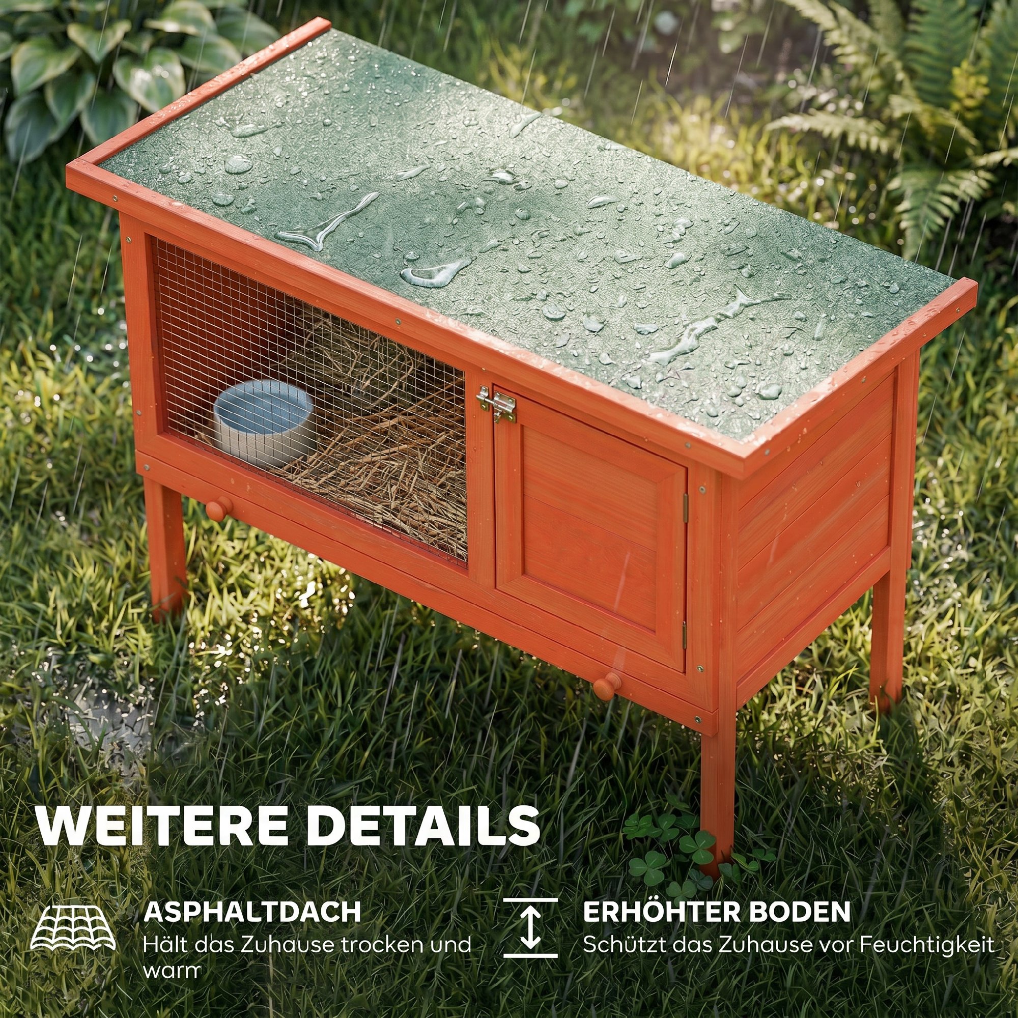 Hasenstall erhöhter Kaninchenstall aus Holz mit aufklappbar Bitumendach herausziehbarer Schublade 90x45x65 cm Orange
