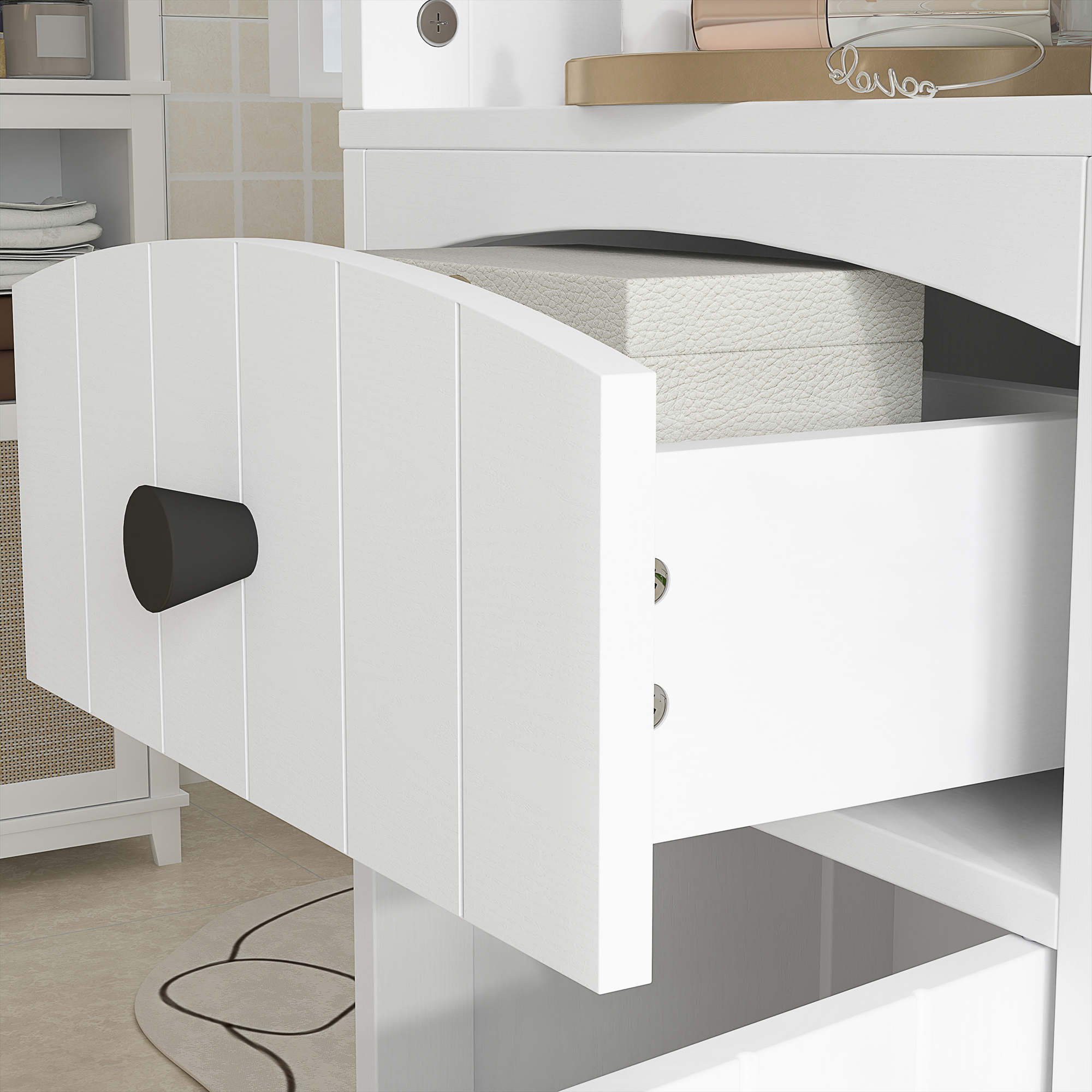 Badezimmerschrank mit 3 Regalen, 1 Schublade, robust, MDF, Weiß