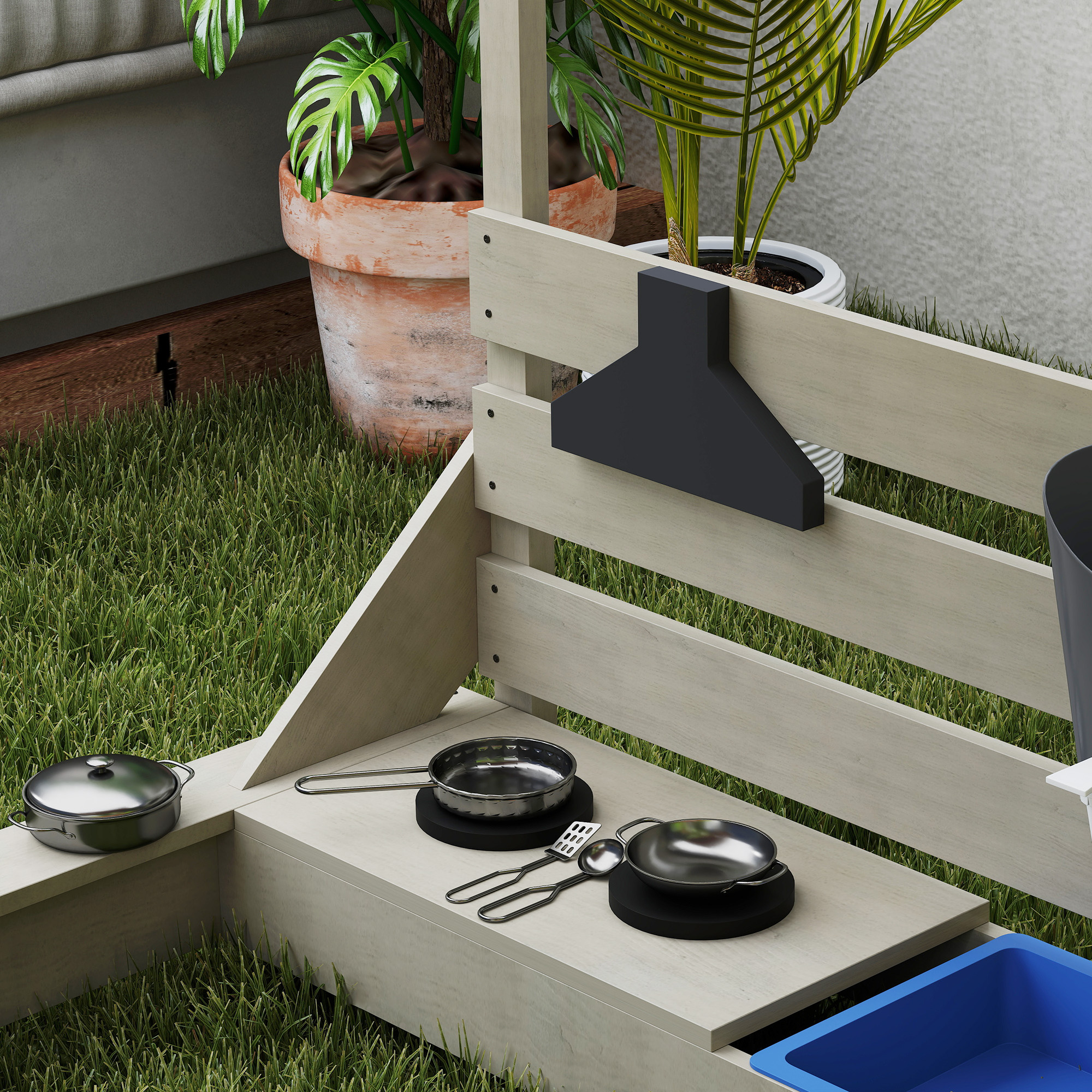 Sandkasten mit Sonnendach Piratenschiff, inkl. Kinderküchenspielset, Massivholz, 180 x 103 x 144,5 cm, Grau