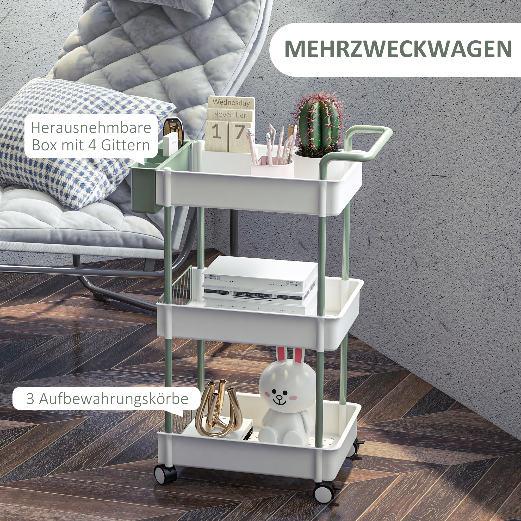 Rollwagen, 3 Etagen, Hängekorb, Schiebegriff, 4 Rollen, Metallrahmen, Weiß, 50 x 29,4 x 77cm