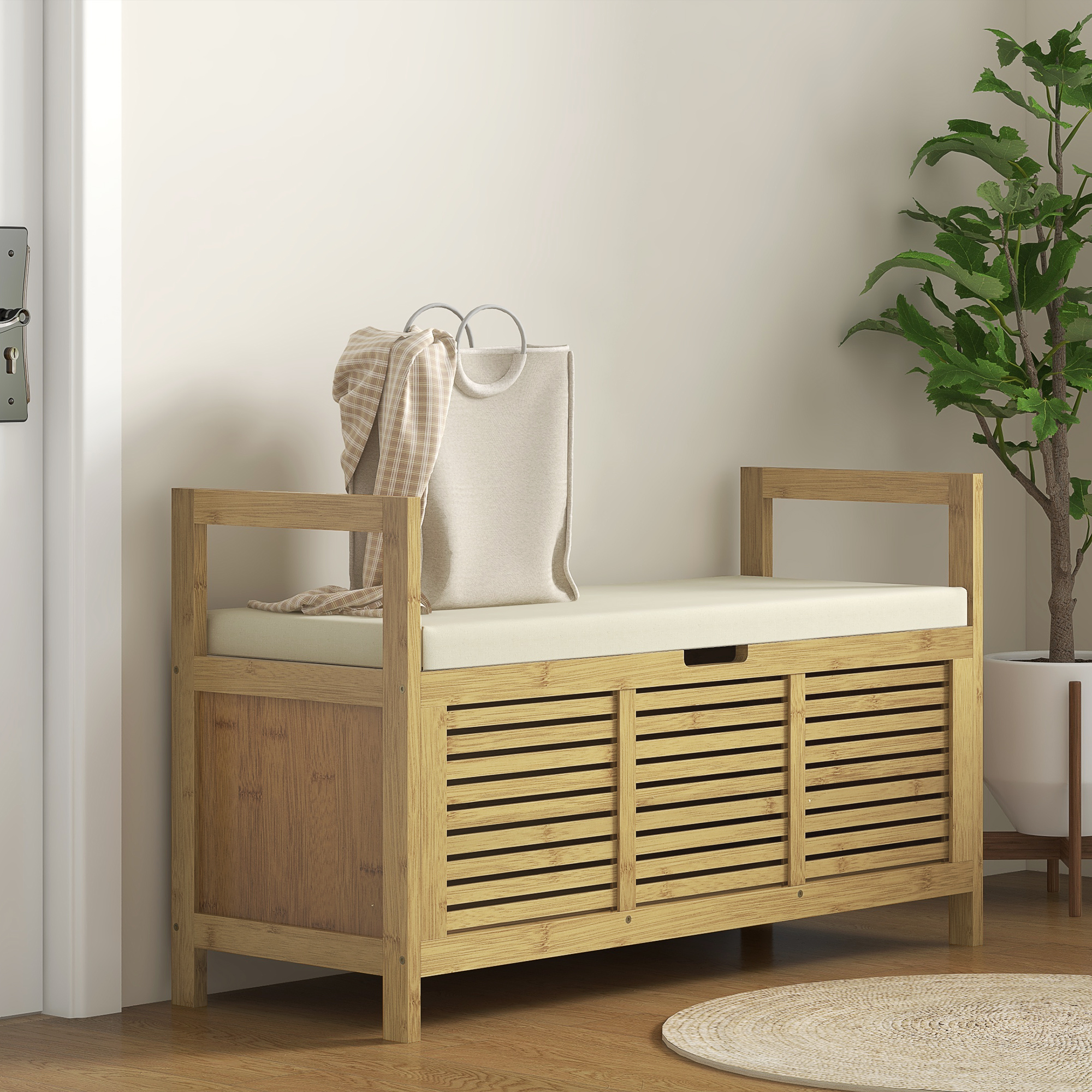 Schuhablage mit Stauraum, Schuhbank, weiche Sitzfläche, Bambus, 100x40x60 cm
