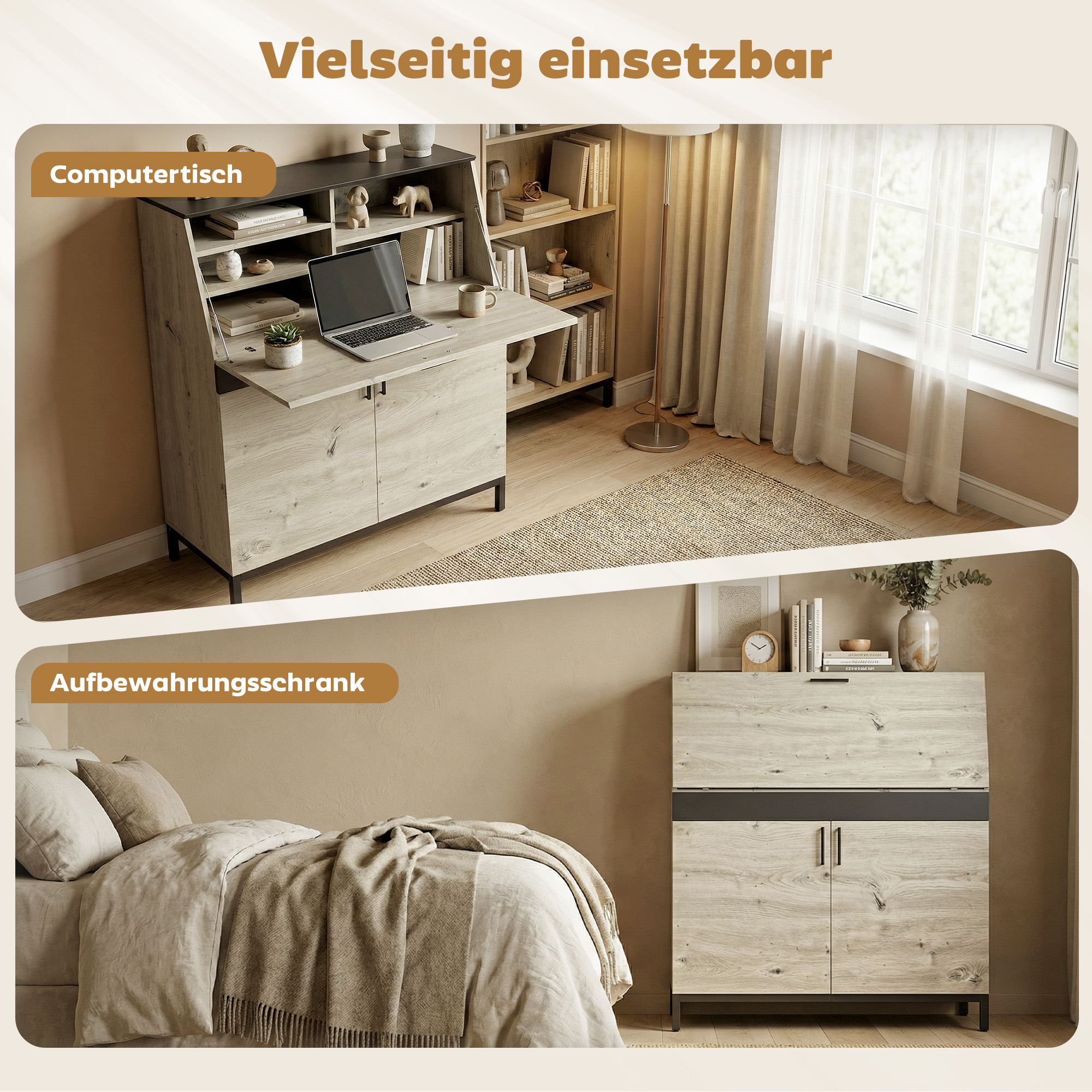 Industrieller Sekretär-Schreibtisch mit Regalen und Metallrahmen 100 cm Naturholz und Schwarz