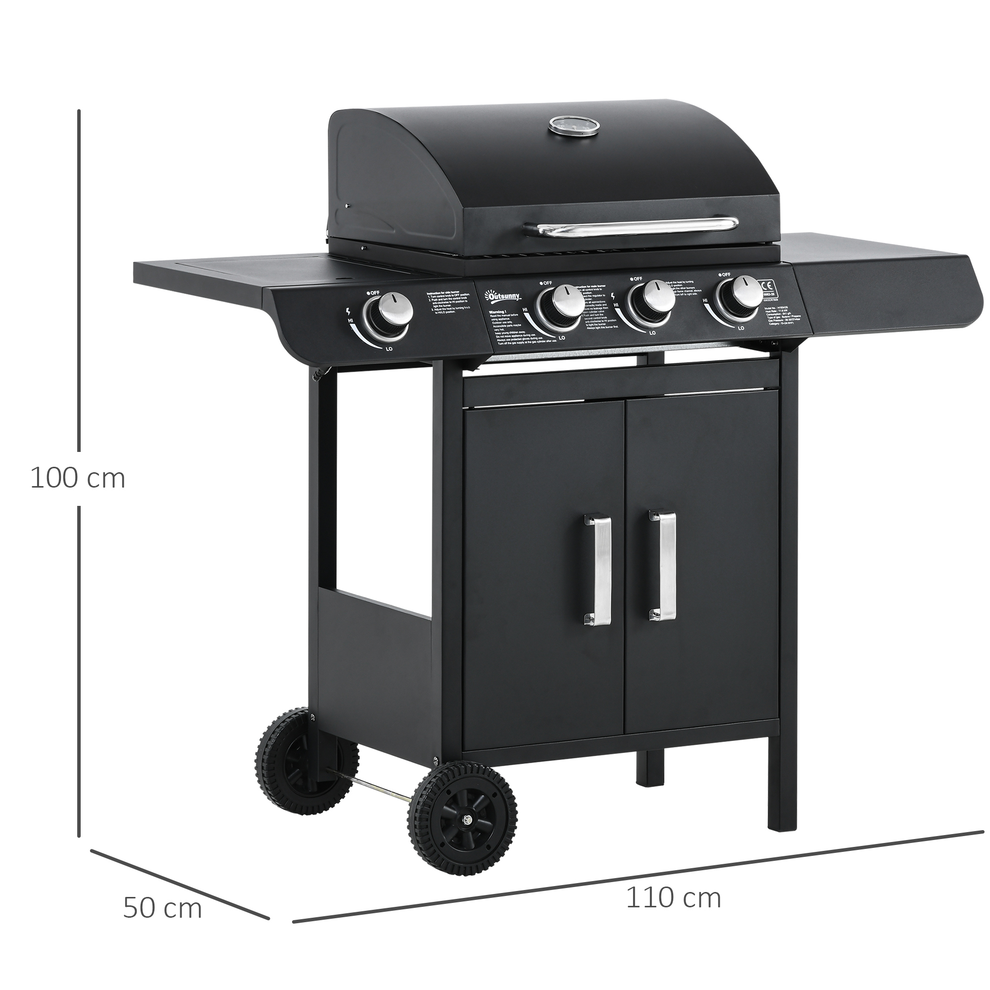 Gasgrill mit 3 Hauptbrennern + 1 Seitenbrenner, Ablage, rostfreier Stahl, schwarz, 110 x 50 x 100 cm