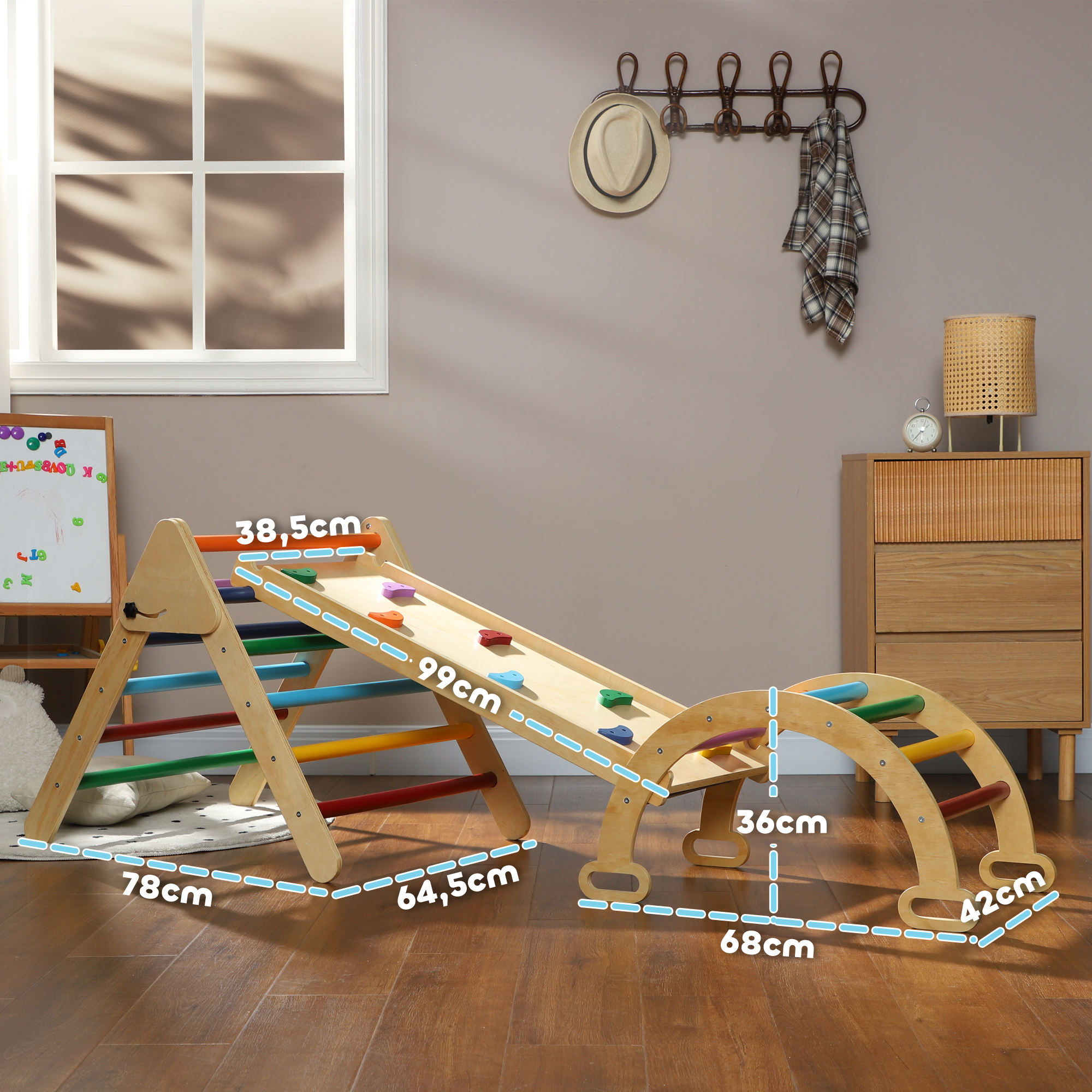 5-in-1-Kinder-Klettergerüst mit Rampe, Brücke, Dreiecks-Leiter, 18-48 Monate, Bunt,