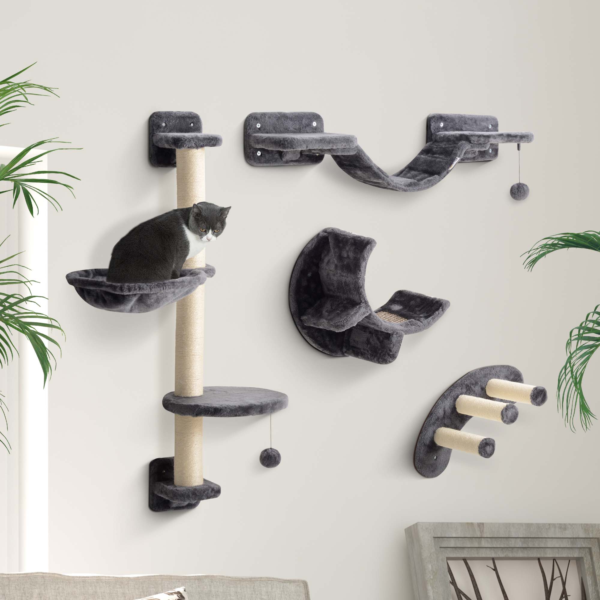 Kletterwand Katzen 4-teilig Katzen Kletterwand Set mit Hängematte, Katzenbrücke bis zu 5 kg, Dunkelgrau