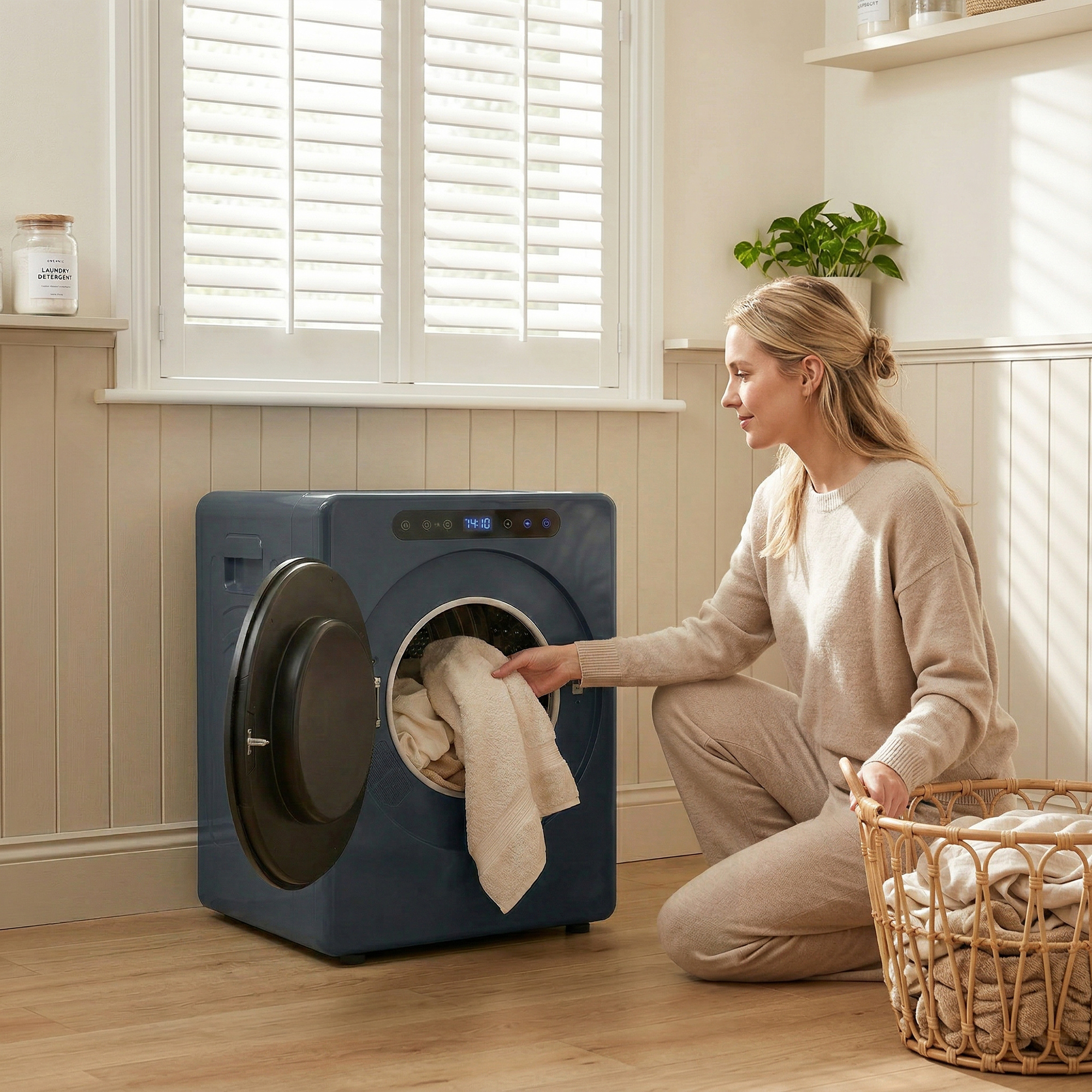 5kg Ablufttrockner, 1000W Kompakter freistehender Frontlader-Wäschetrockner mit Edelstahltrommel, Timer, Blau