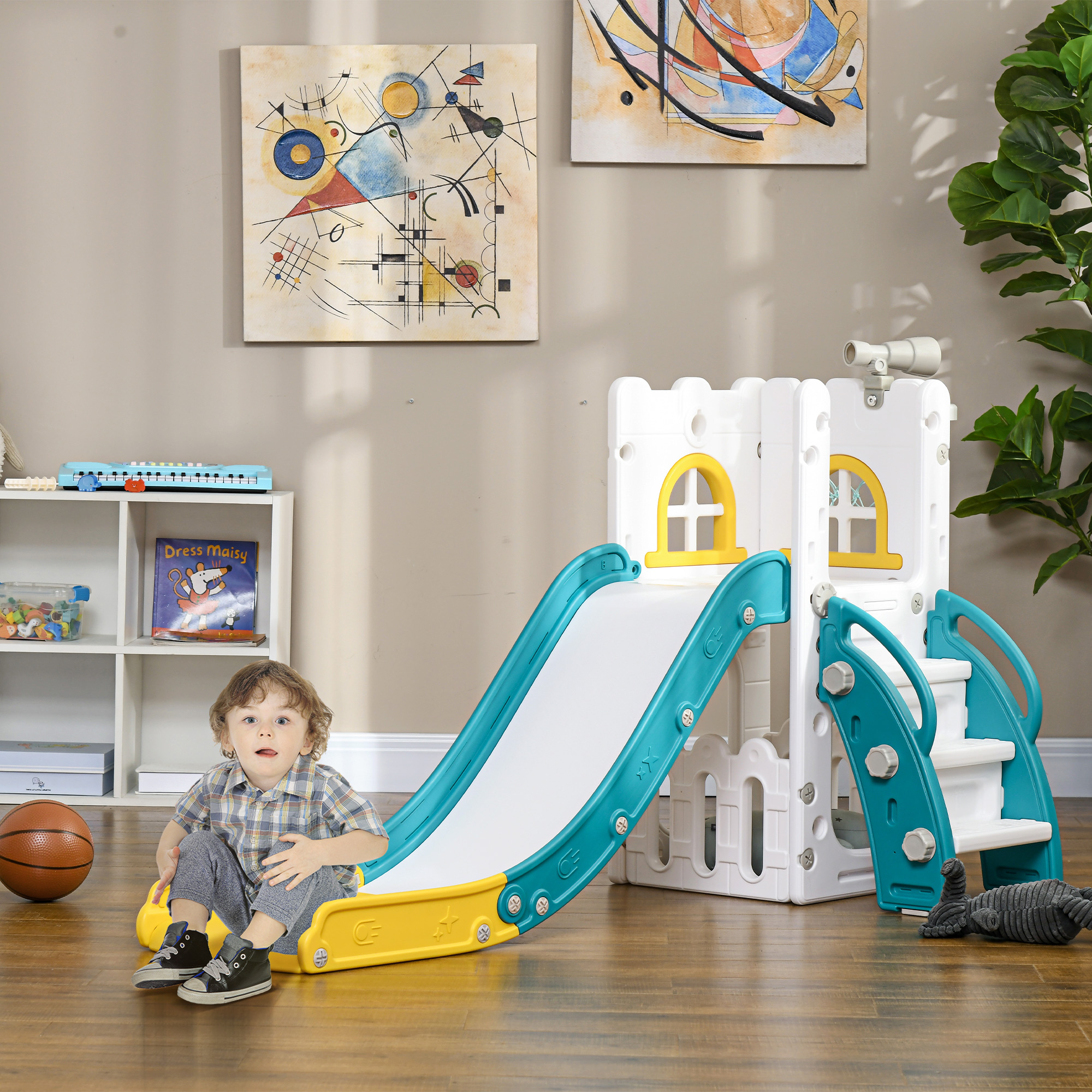 Kinderrutsche, 5 in 1, Kleinkinderrutsche mit Basketballkorb, Teleskop Klettergerüst Gelb 70 x 177 x 92 cm
