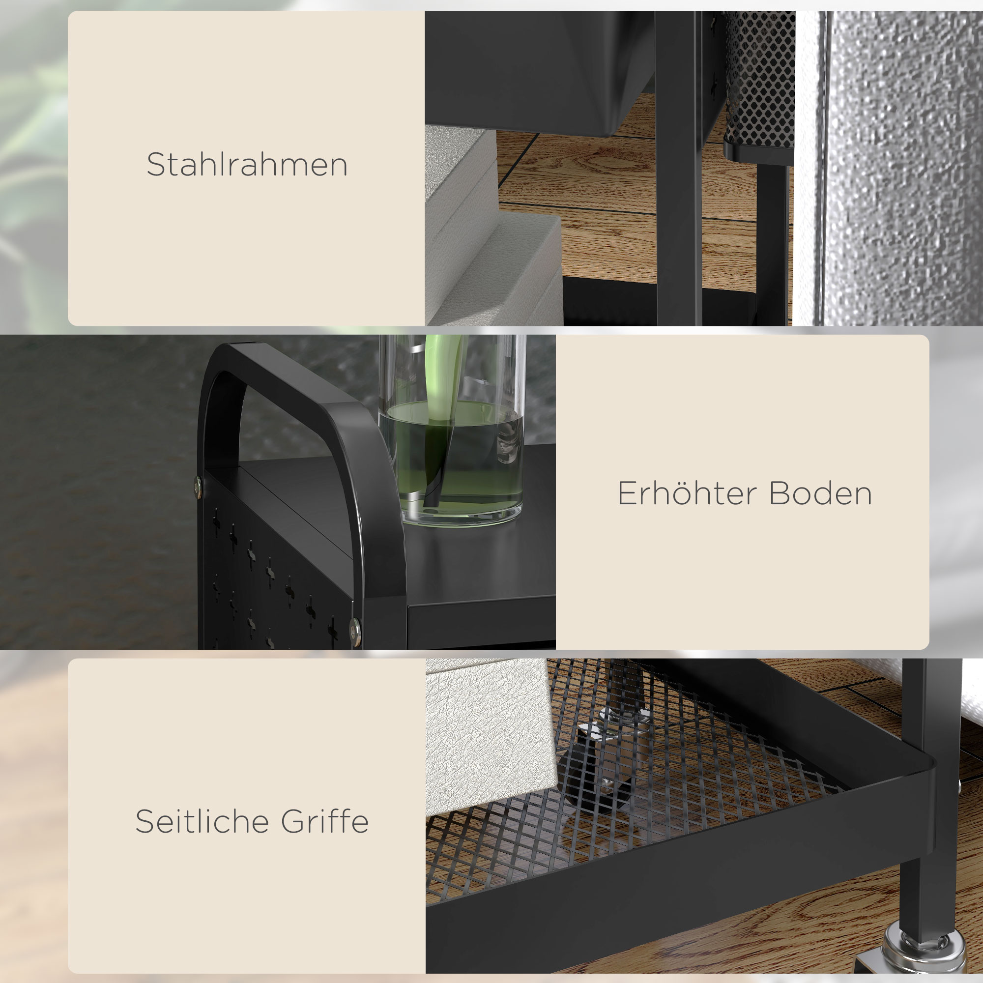 Mehrzweckwagen mit 1 Schublade, 1 Ablage, 4 Rollen, Küchenwagen, Schwarz