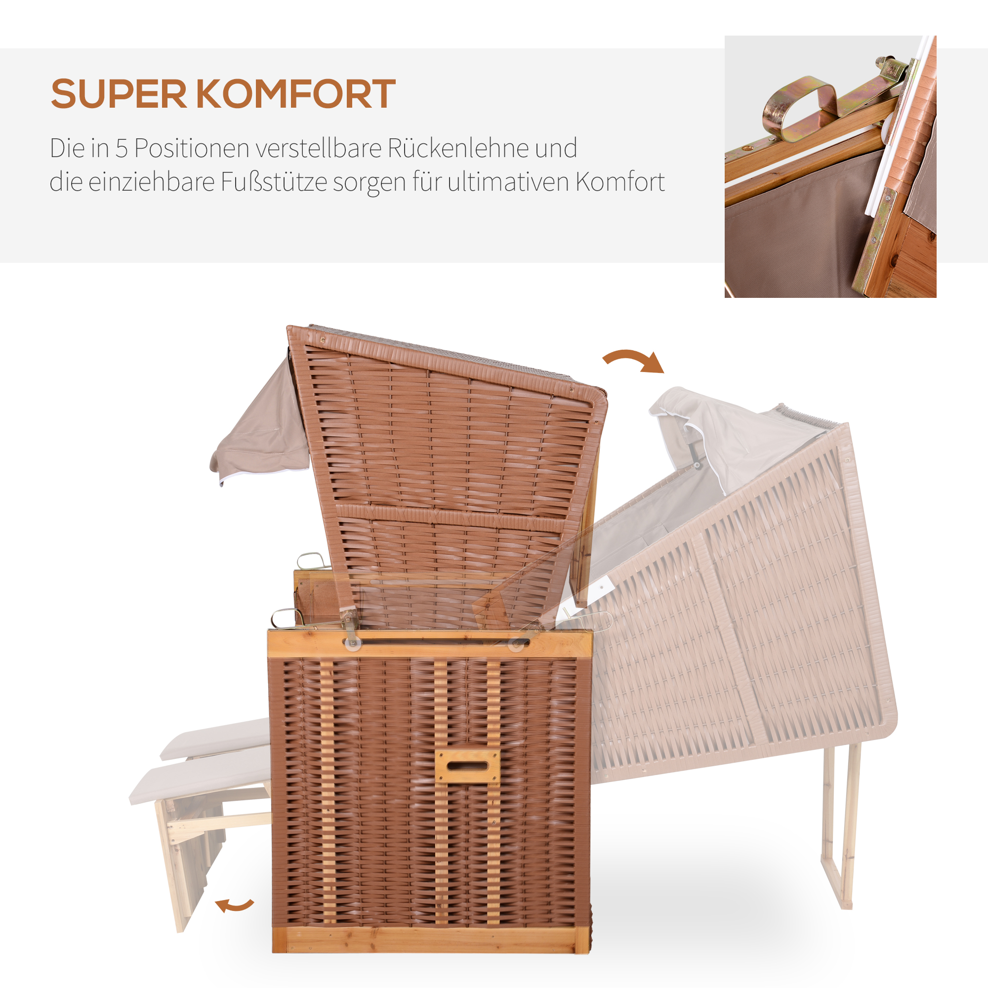 Strandkorb für 2 Personen mit neigbarer Rücklehne Beige 118 x 79 x 160cm
