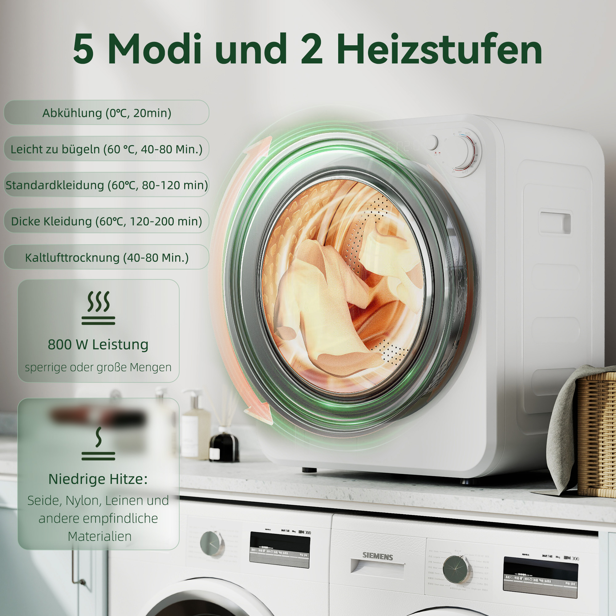 Mini Wäschetrockner 4kg mit 5 Programme bis zu 60? 800W/400W Ablufttrockner mit reversibl Edelstahltrommel Weiß