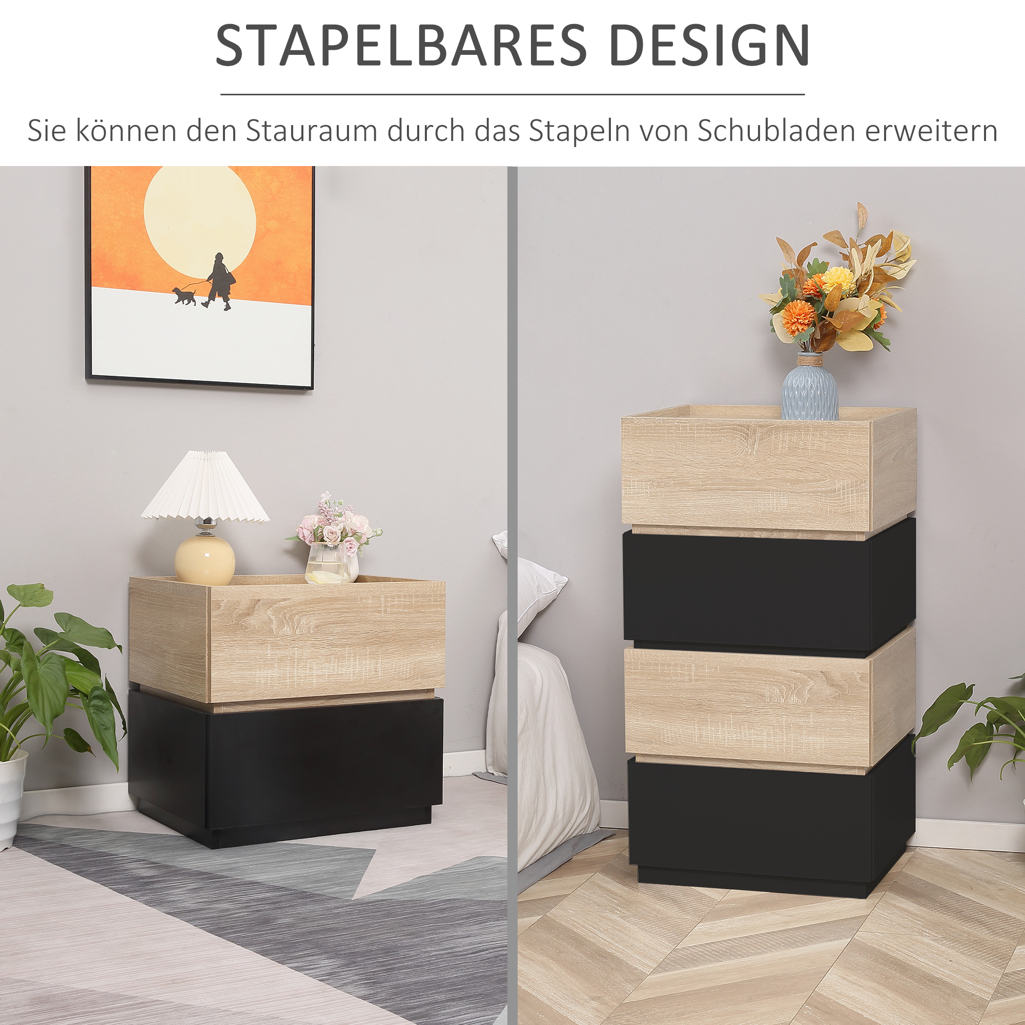 Nachttisch mit Schublade Nachtschrank stapelbar Schubladenschrank Schlafzimmer Nachtkommode Spanplatte Schwarz+Natur 50 x 40 x 47,5 cm