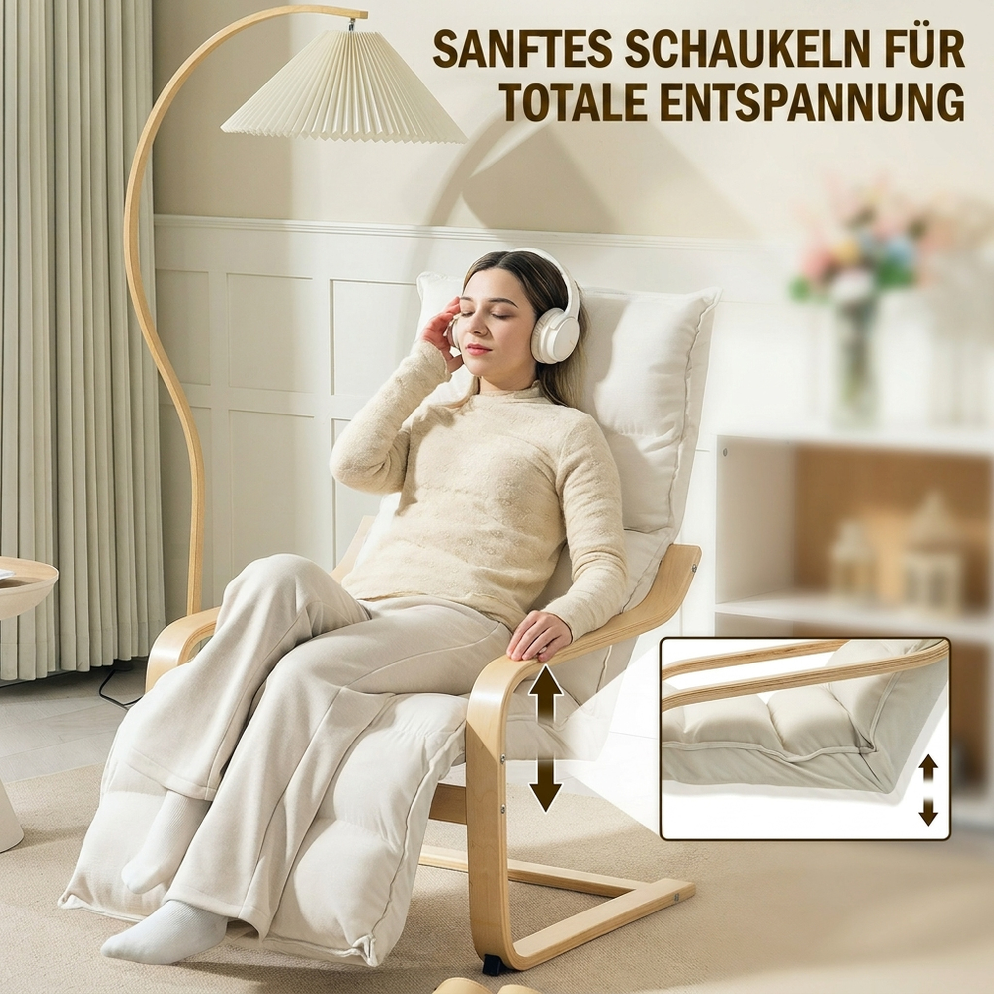 Lounge-Sessel aus Birkenholz, Polstersessel mit verstellbarer Fußstütze, Moderner Armlehnstuhl, Cremeweiß