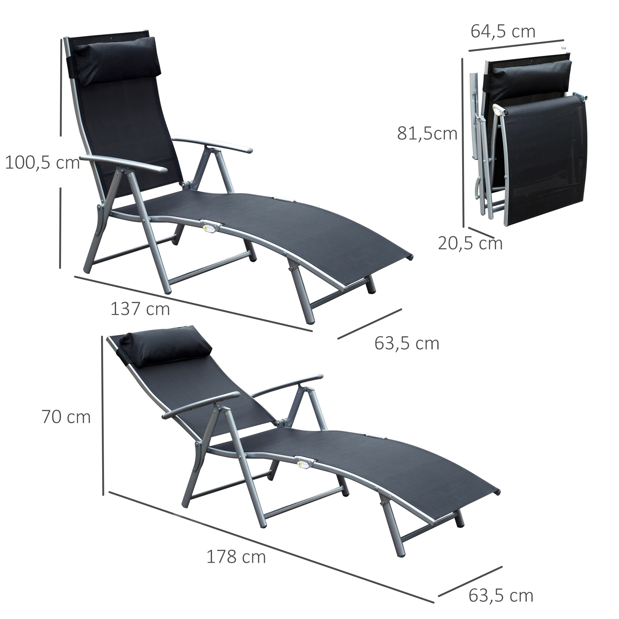 Sonnenliege klappbar Strandliege mit Kissen Liegestuhl mit 7-Fach verstellbare Rückenlehne Gartenliege Relaxliege Gartenstuhl bis 165 kg belastbar, für Garten Urlaub Outdoor, Schwarz