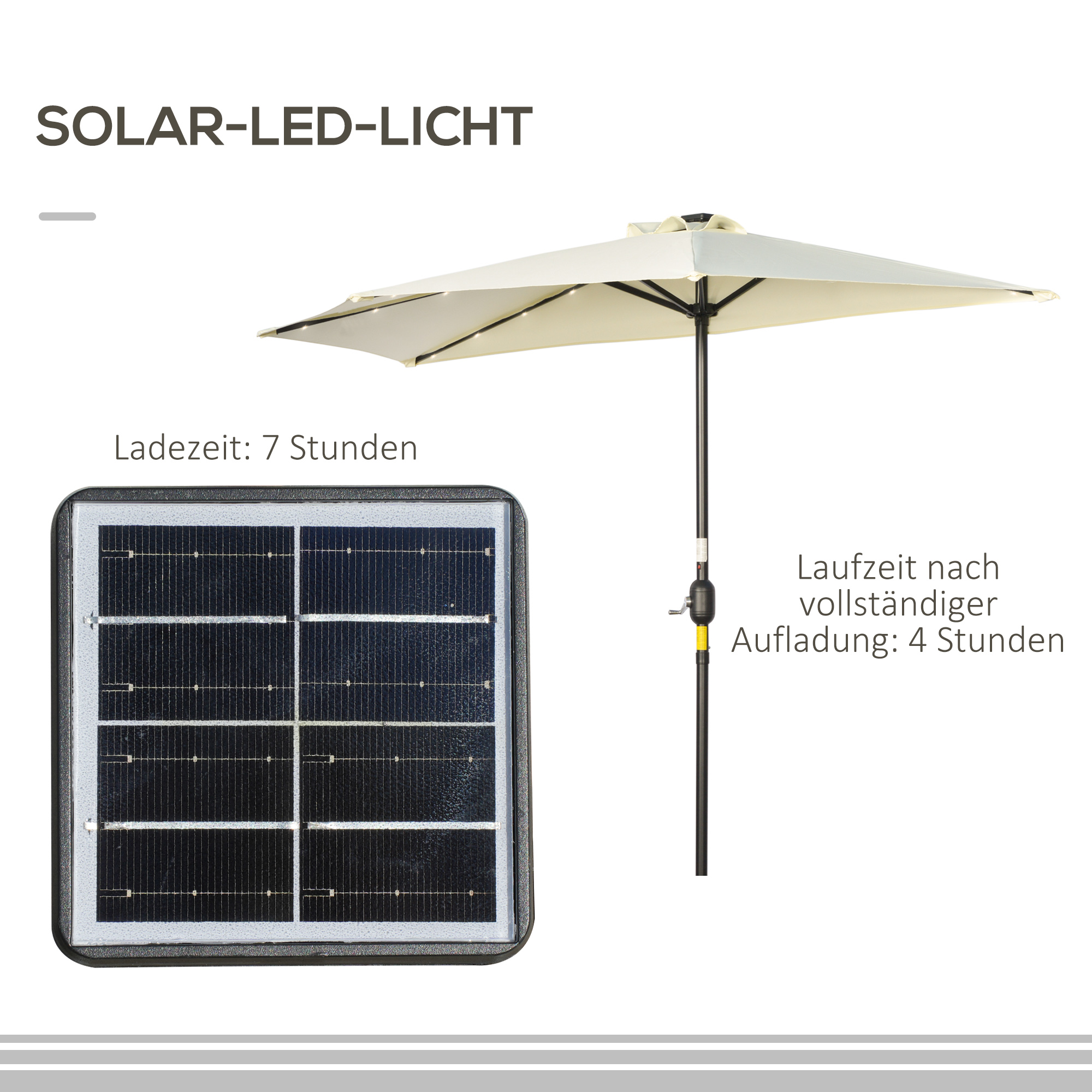 Sonnenschirm, Terrassenschirm, halbrund, mit Solarpaneel, 20 LEDs, Handkurbel, beige, 2,70 x 1,35 x 2,40 m