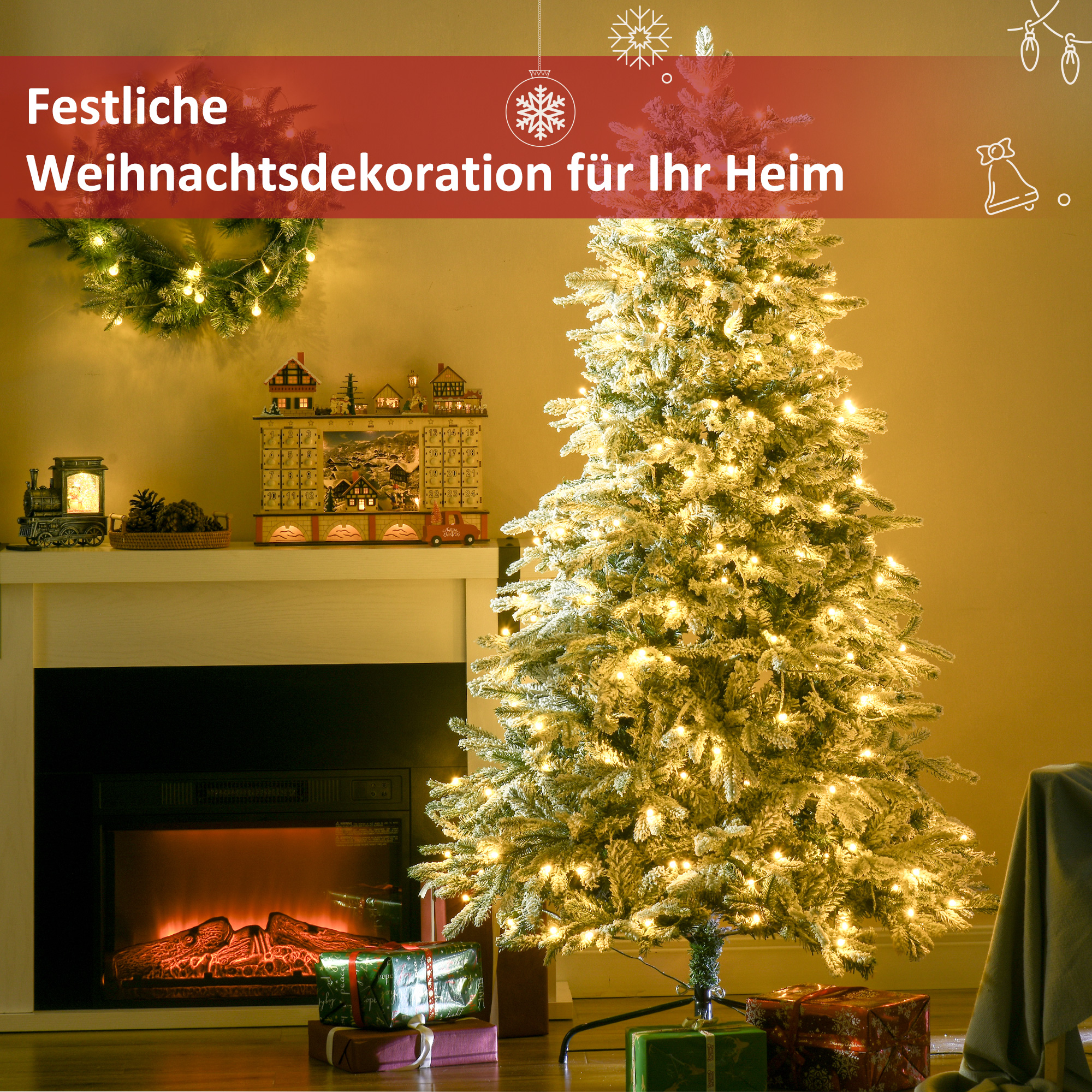 Künstlicher Weihnachtsbaum, Christbaum, inkl. Kunstschnee, LED-Lichter, 180 cm, Grün + Weiß
