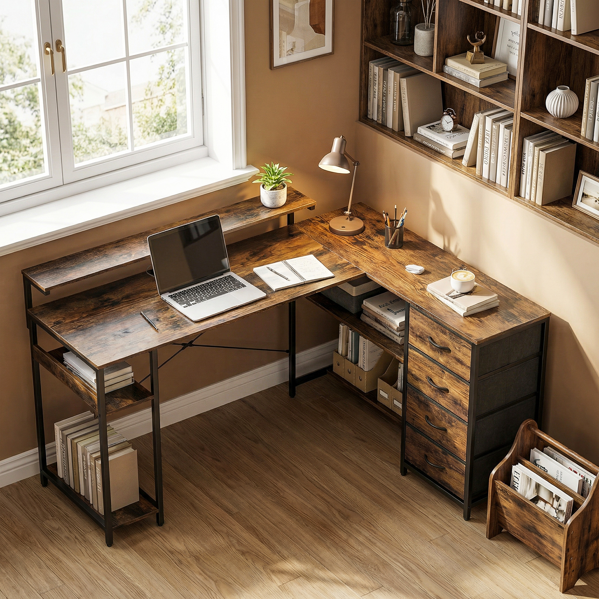 Gaming Tisch L-förmig Schreibtisch mit Stromanschluss LED-Beleuchtung 4 Schubladen Monitorständer 155x110x91,4 cm Braun