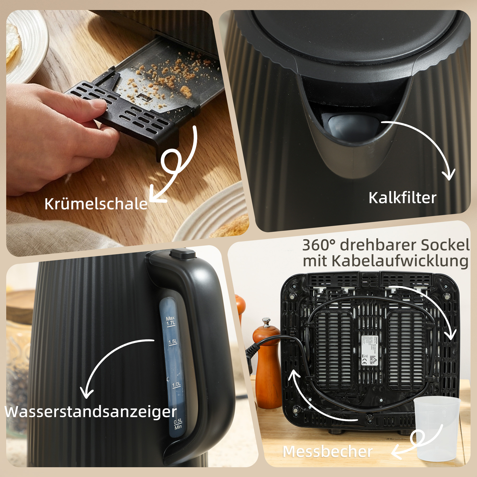 1,7L Schnellkoch-Wasserkocher und 4-Scheiben-Toaster-Set, Eierkocher für 6 Eier mit Kontrollleuchte Schwarz