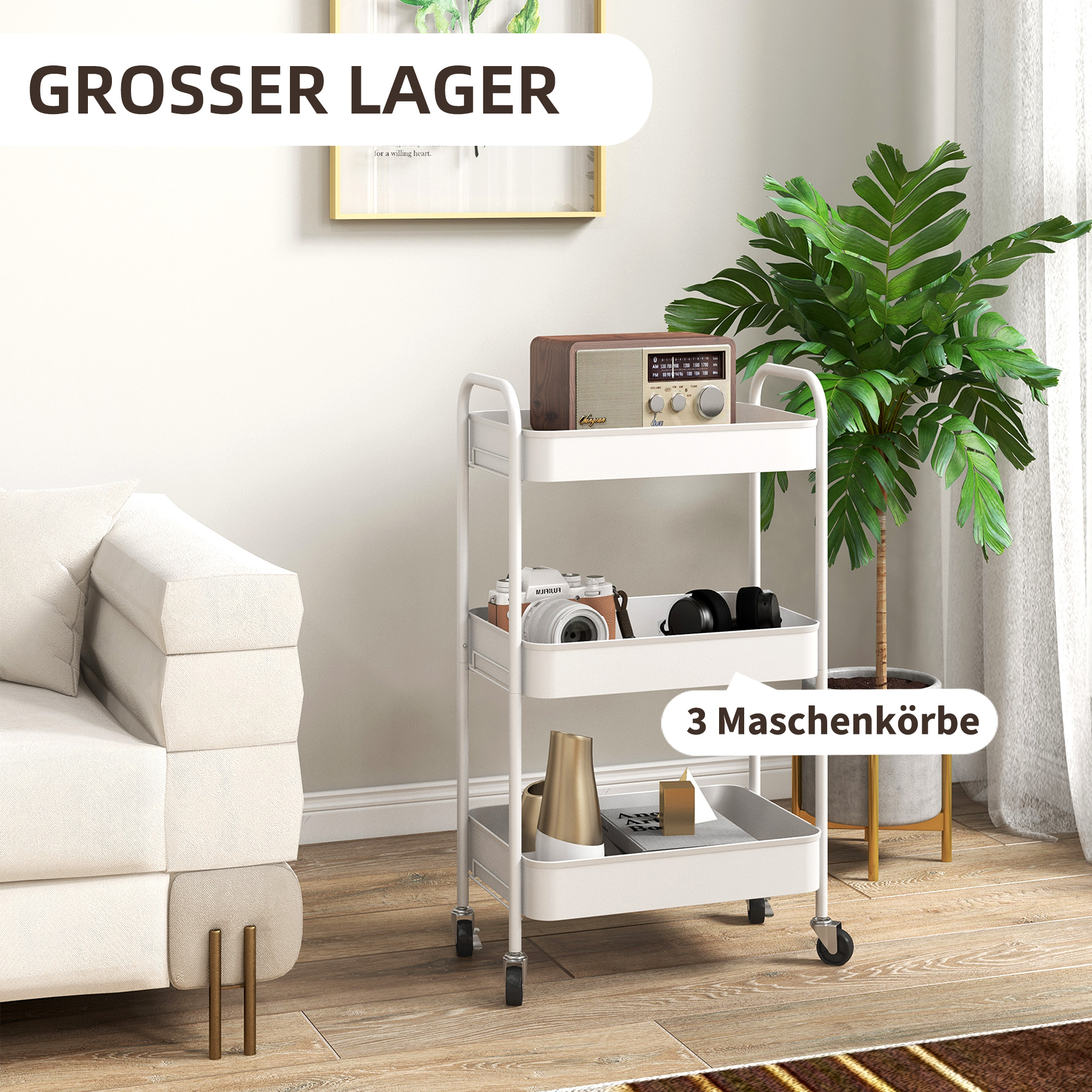 Mehrzweckwagen Rollwagen Küchenwagen, 3 Regale, 4 Rollen, 45 cm x 30,6 cm x 79 cm, Weiß