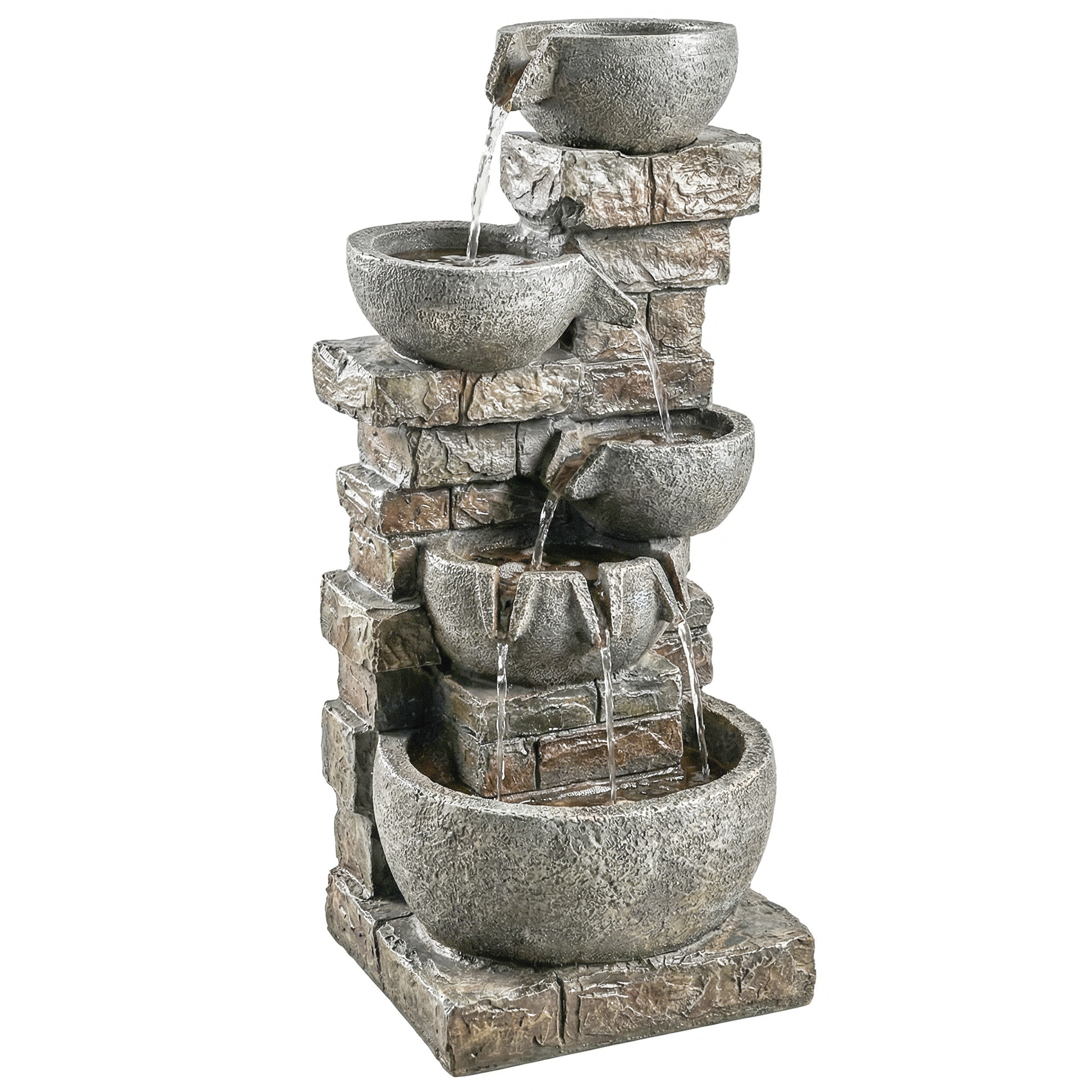 Springbrunnen Outdoor aus Kunstharz fünfstöckig Gartenbrunnen mit LED Beleuchtung Pumpe Steinoptik 34 x 36 x 80 cm