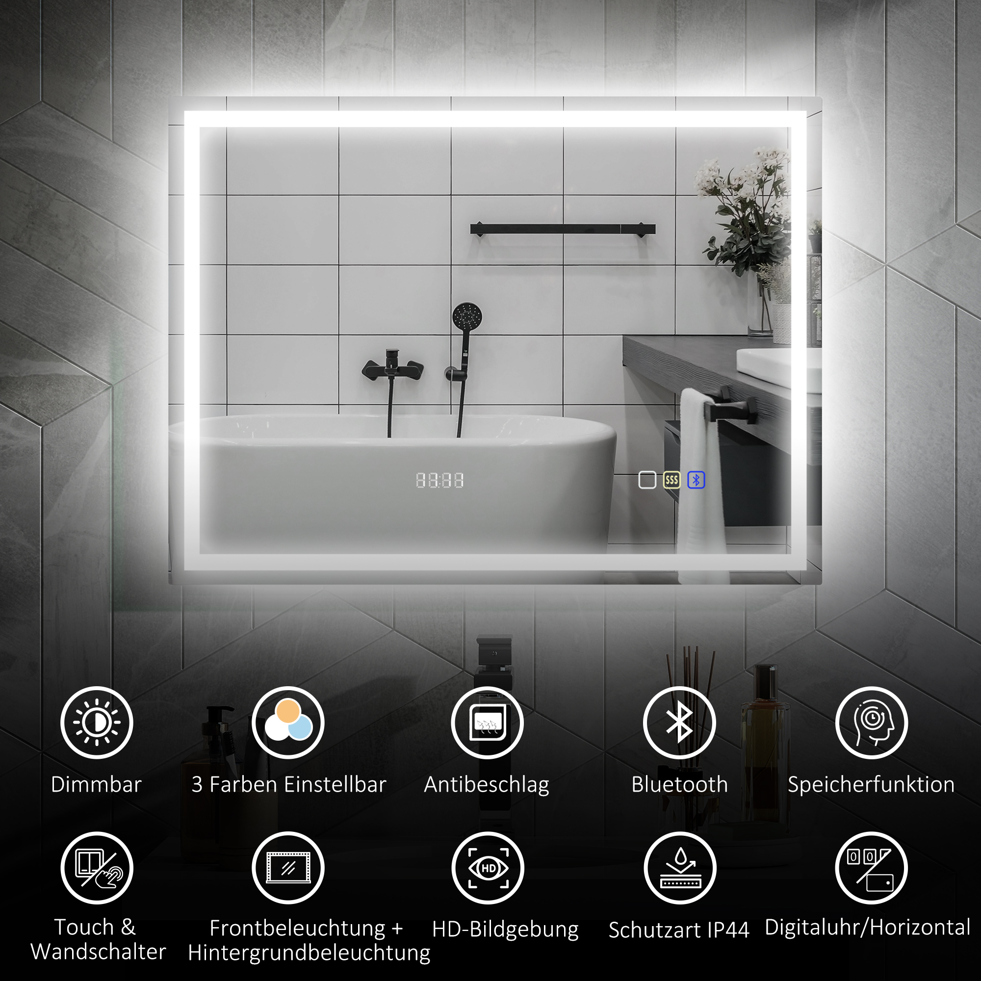 Badezimmerspiegel mit LED-Beleuchtung, Anti-Beschlags-Pad, 3 verstellbare Farben, Uhr, 600 x 800 mm, Silberfarben