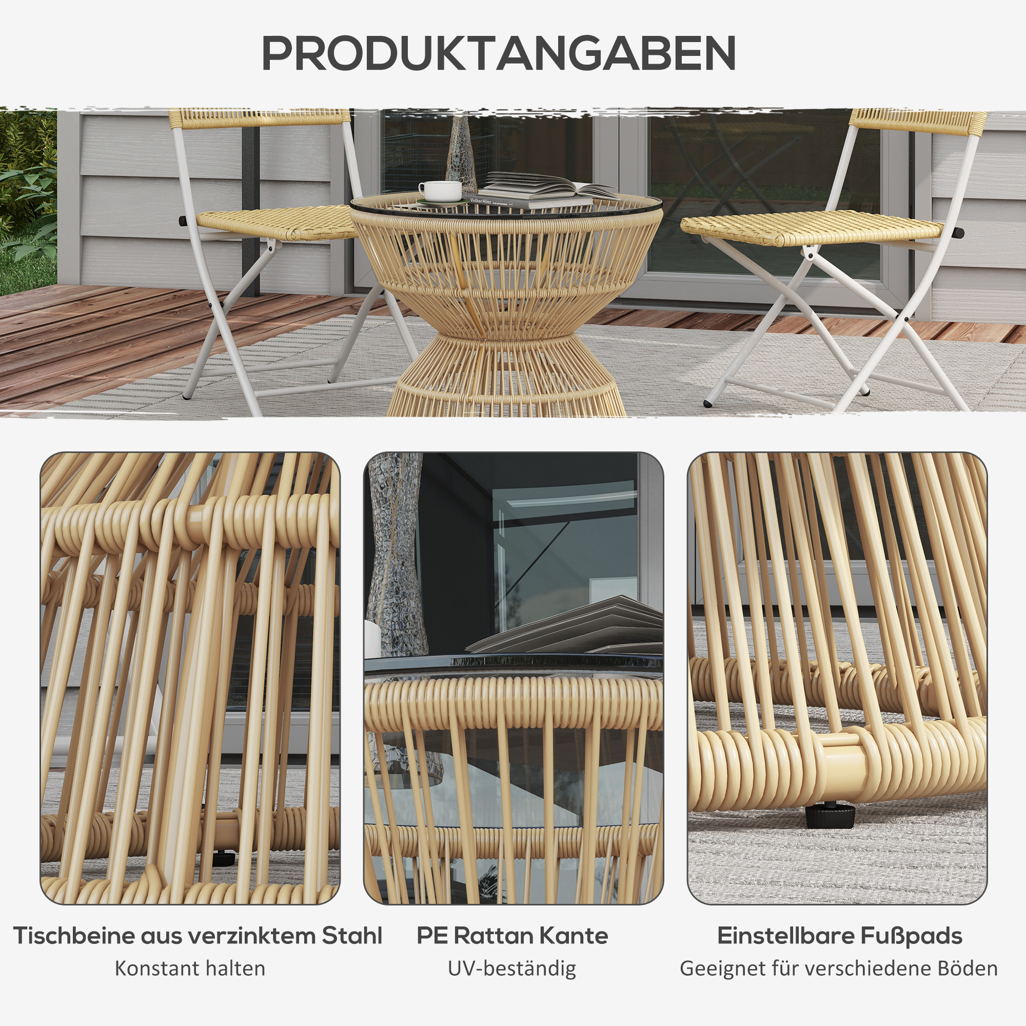 Outdoor-Beistelltisch Gartentisch Rattan-Beistelltisch, Glasplatte, PE-Rattan, 60 cm x 60 cm x 50 cm, Natur